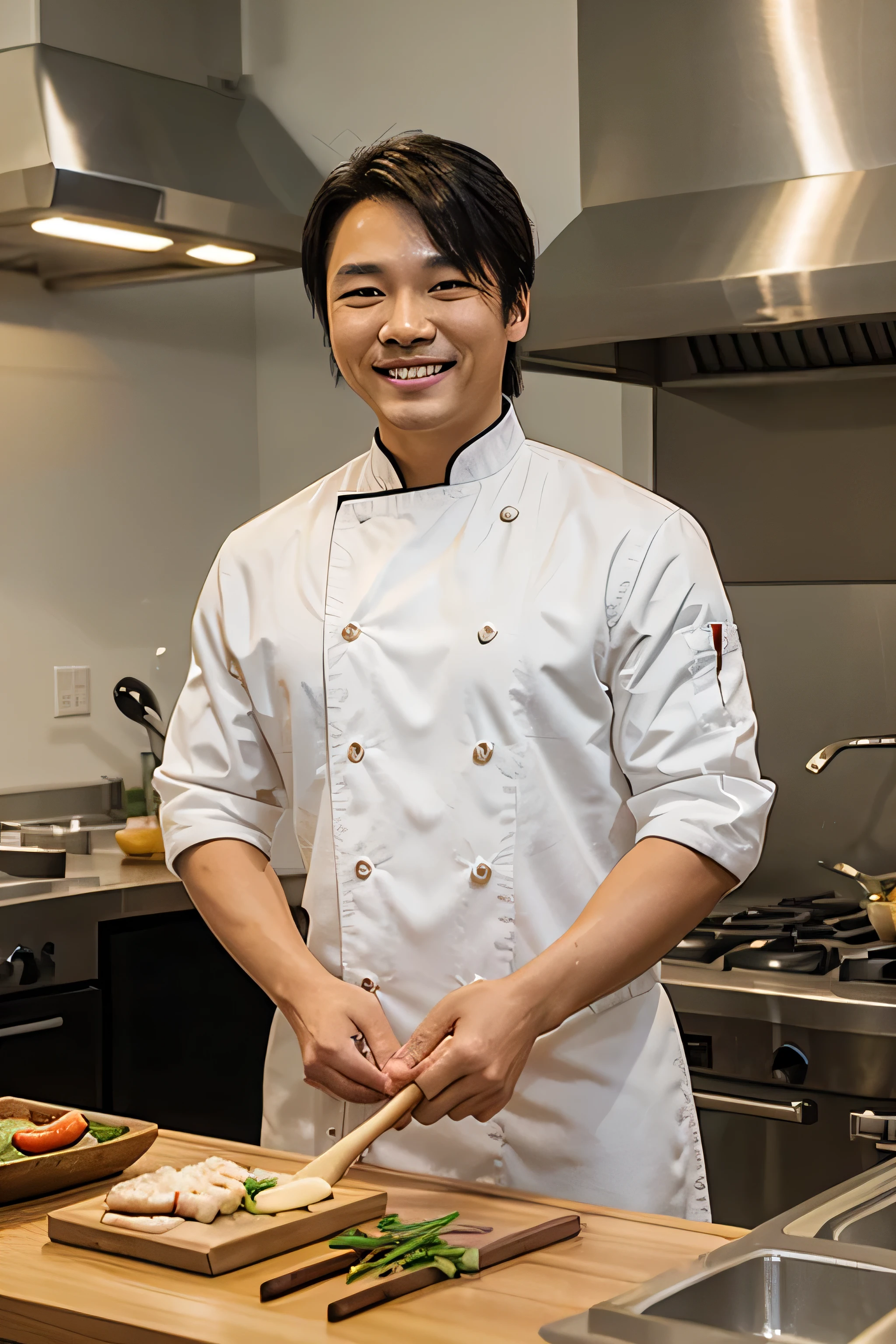 creates an Asian chef with a smile who wears a white chef's hat, high quality realistic, with noodles in the background