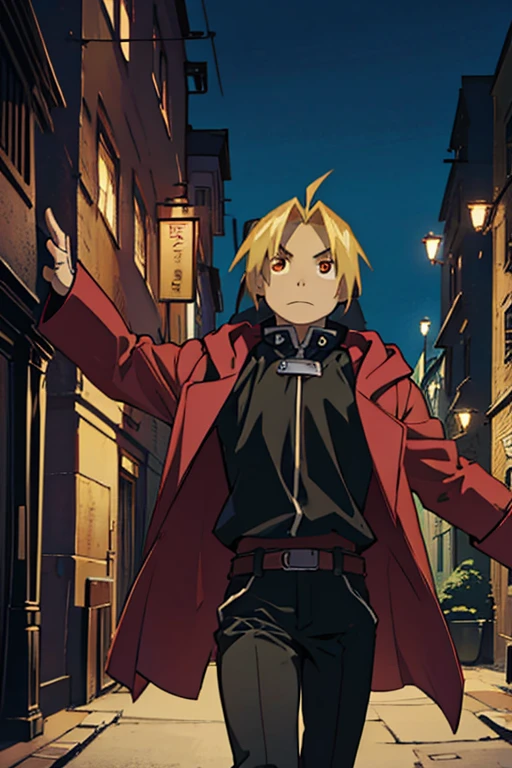 Create an illustration of Edward Elric from the anime Fullmetal Alchemist. He should be in his classic outfit: a red jacket with a hood, a black shirt, and dark pants. Edward should be posed confidently, with his right hand showing off his metal automail arm. The background can be an urban setting or a scene reminiscent of the Fullmetal Alchemist universe, such as a steampunk cityscape or a mountainous landscape