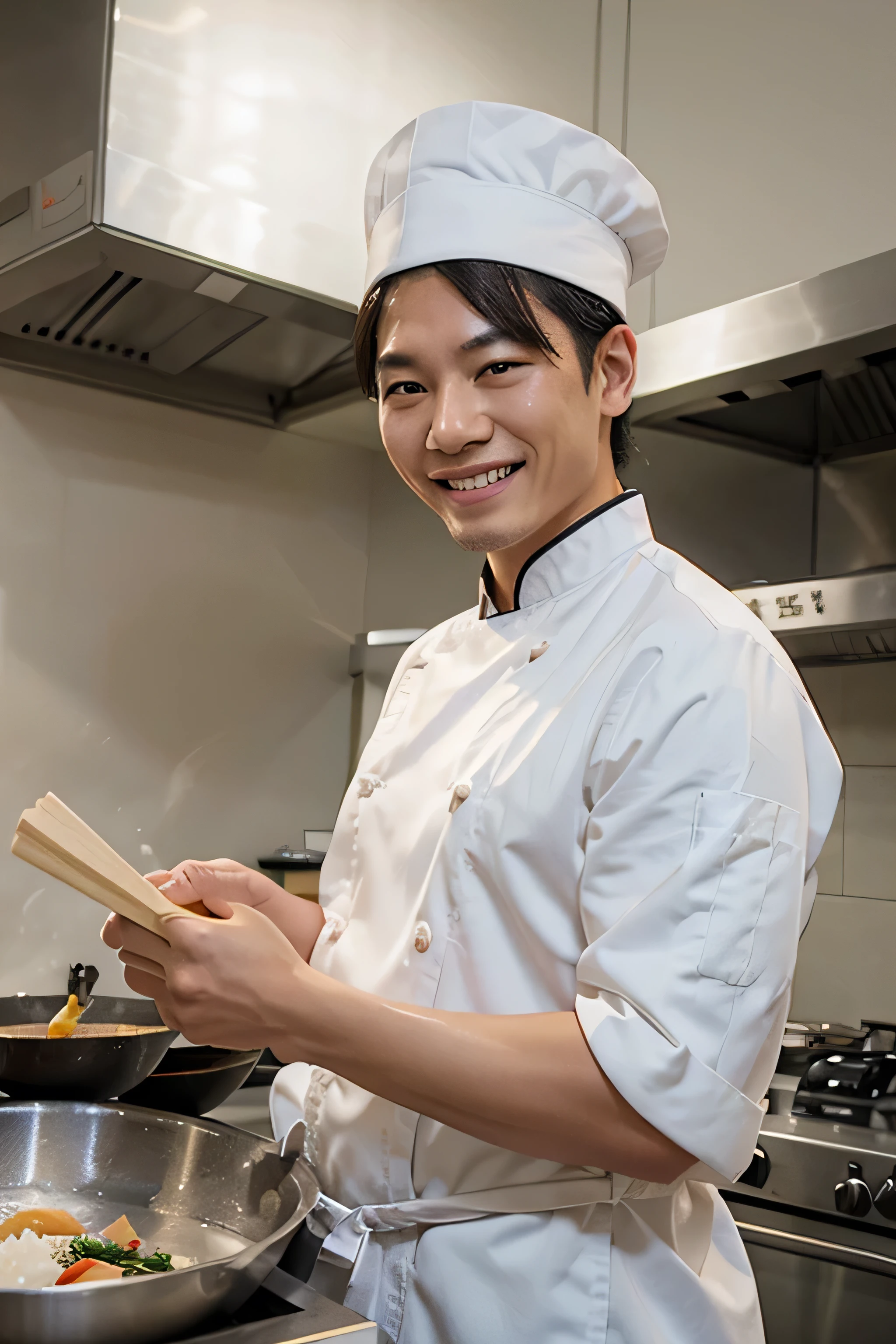 creates an Asian chef with a smile who wears a white chef's hat, high quality realistic, with noodles in the background