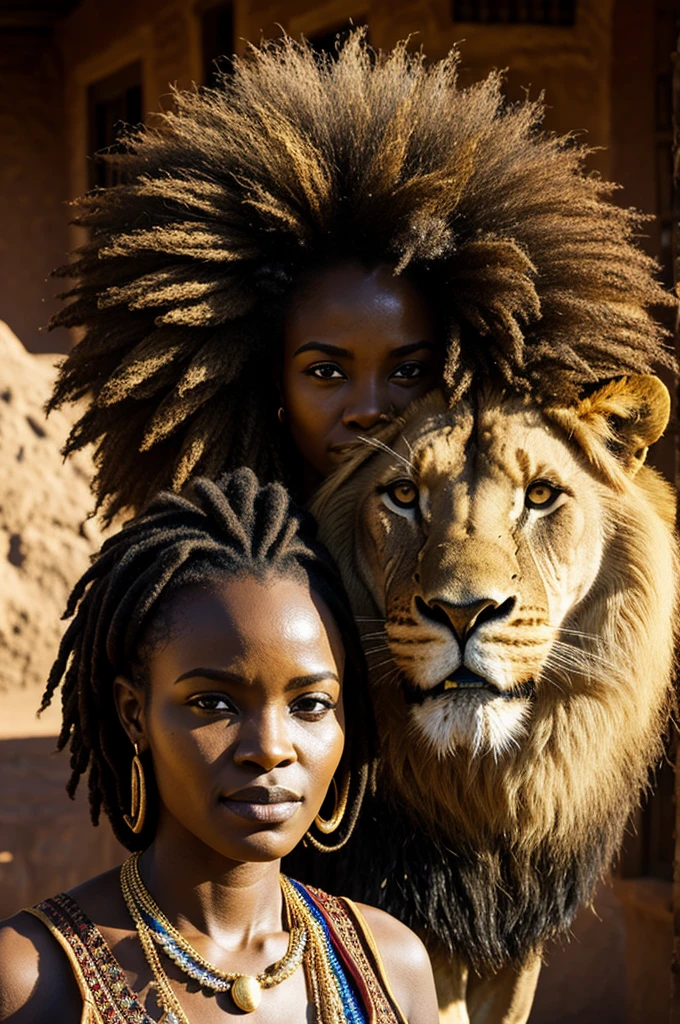 an African woman standing with a lion's head in place of her head