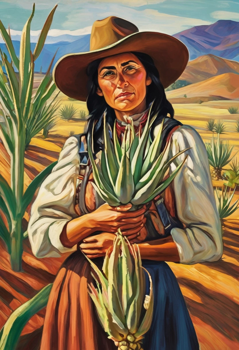 create a rancher woman or revolutionary type, who is holding a rancher who is in a maguey cradle, type of muralist painting and Edvard Munch painting, the entire format that is painted