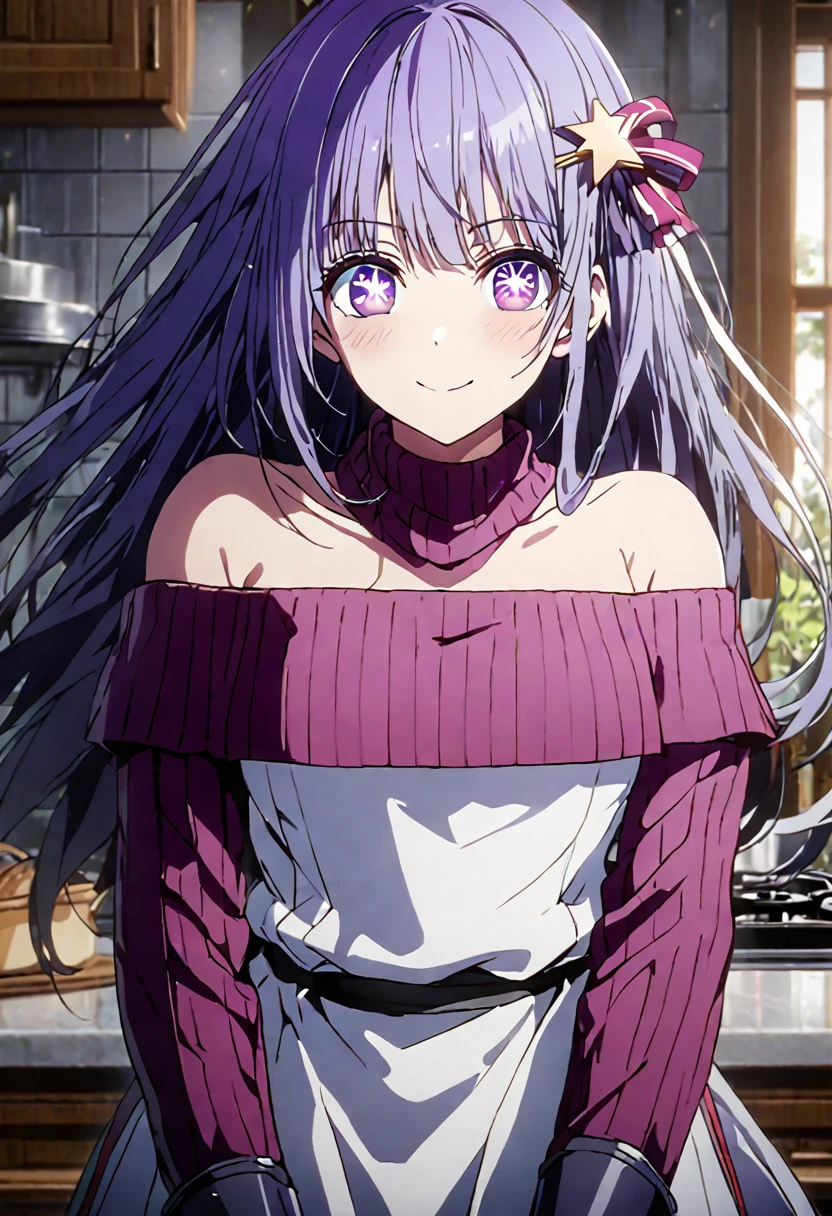 great quality ++ Extremely detailed high resolutionolution, very aesthetic, expressive eyes, (((perfect face))), (((face symmetrical))), ((good anatomy)), (((perfect hands))), (((8k))), UHD, HD wallpaper, (((detailed high cal, (((((1girl)))))), only, masterpiece, La Best Quality, high resolution, Highly detailed, (illustration), beautiful detailed eyes, (((combatant))), (((((1girl))))), ((((fullbody)))), (((date a live))), (((HOSHINOAI))), ((((Girl with characteristics of Miku Izayoi and Hoshino Ai)))), (((rvcm_duotone3_hairstyle))), (((light indigo hair))), ((((((((purple eyes)))))))), (((rvcm_duotone3_haiRstyle))), (((agglutination))), Combination, (((mature female))), (((bangs))), (((blunt bangs))), (((hime cut))), (((hair ornament))), (((Idol))), (((Cooking))), (((home))), (((kitchen))), (((Singing))), (((((star-shaped pupils))))), (((purple eyes))), (((semi-backless red off-shoulder sweater))), (((Sleeveless Dress))), (((narrow shoulders))), (((narrow waist))), (((They are smiling))), Long hair, huge, garden of a castle, (((mature female))), masterpiece, Best Quality, ((masterpiece)), ((best calidra derailed)), Upper part of the body, (((face to face look))),