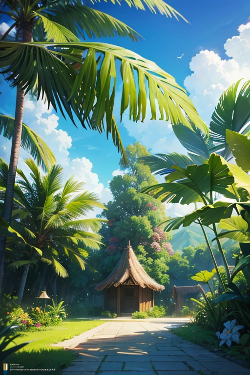 Ultra-realistic scenes, Parallel world, Divine tropical otherworldly plants, cult, Tropical flowers, Unusual art, Unique art, Summer blue sky background, sunlight, bright sunlight, Blender, Product Rendering, High quality 8K.