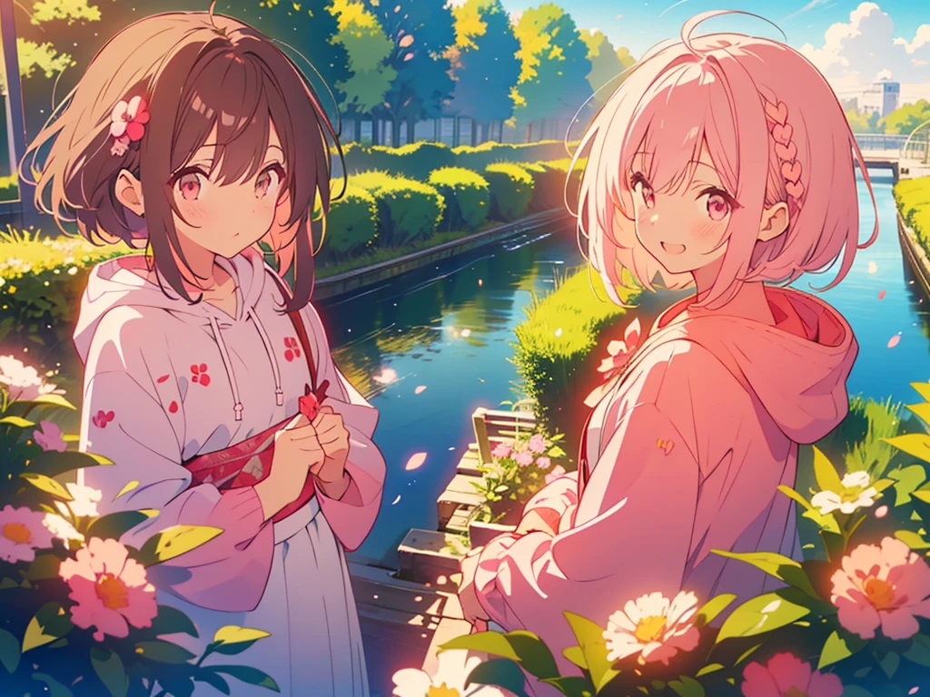 kawaii, anime, Cute, hyper quality, highly detailed, 8k, Clarity, Draw facial expressions in detail, A young girl with light pink hair, short bob, and scarlet eyes., Girl with long dark brown hair and green eyes, back to back, Smile, open your mouth and scream out loud, Height difference, London's waterway towns, upper body, highlight on eyes, sunny, Landscape, dianthus flower, Dianthus, draw two people, hoodie, pink dianthus, Close-up of dianthus flowers in the foreground, pink dianthus, no text, 	