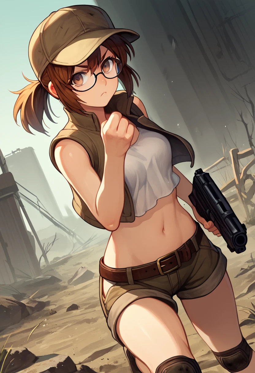 score_9, score_8_up, score_7_up, source_anime, fiogermi,1girl,fio germi, brown hair, glasses, medium hair, ponytail, brown eyes, crop top, hat, jacket, knee pads, shorts, sleeveless, navel, belt, outdoors, wasteland, gun, weapon, holding gun, serious,looking at viewer, cowboy shot,dynamic pose,running, dutch angle, solo,