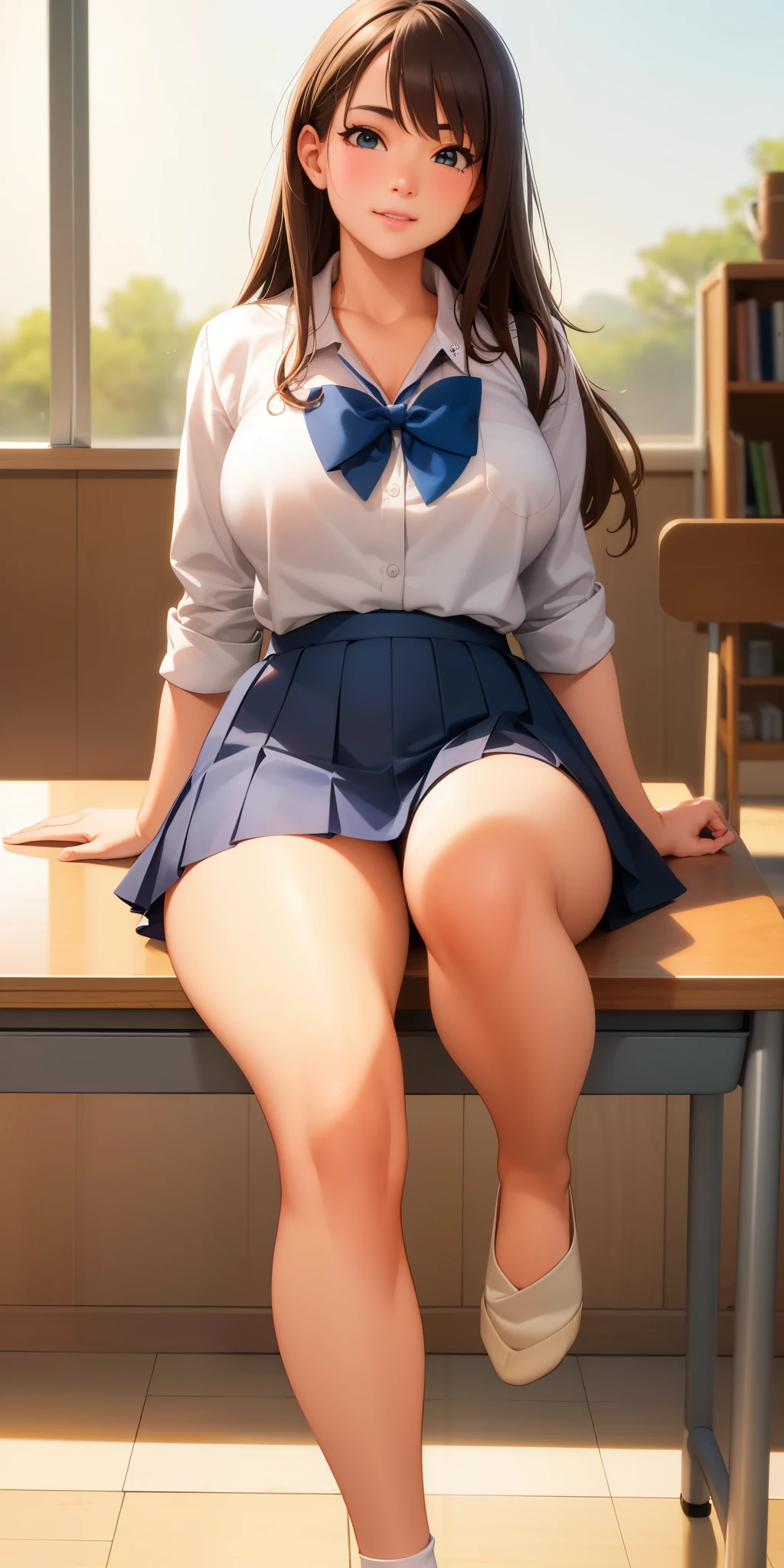best quality, ultra-detailed, photorealistic: 1.39) masterpiece, best quality, Beautiful School, Japan , desks, board, books, beautiful cute pose, hair with shag