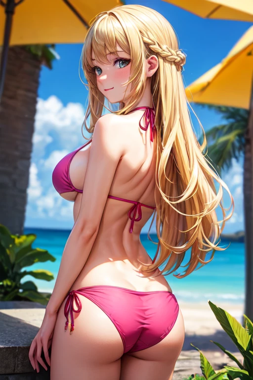 ((best quality)), ((masterpiece)), (detailed), 1girl, long blonde hair, pink bikini, back faced to camera, face turned to camera,