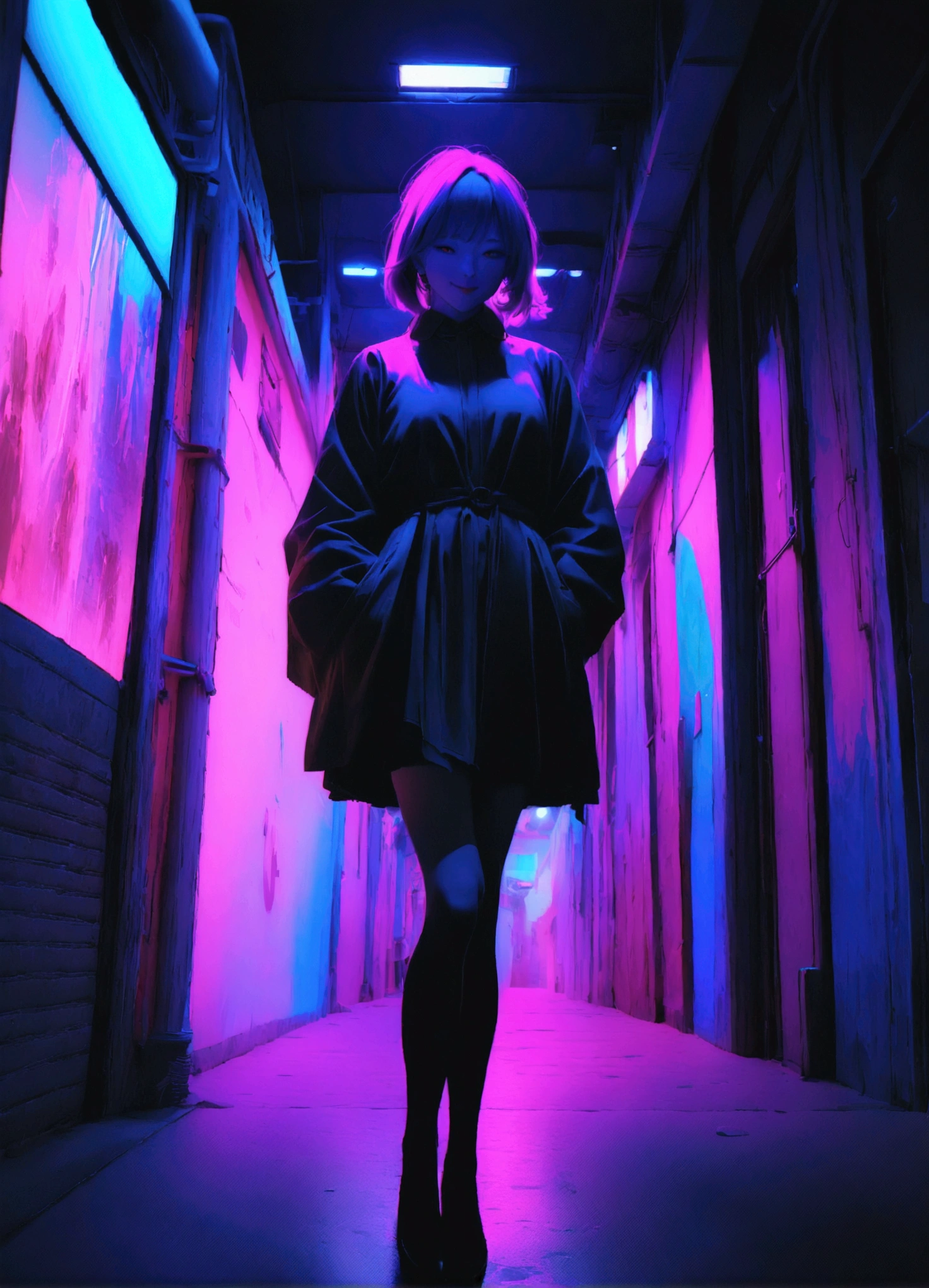 (8k, RAW Photos, highest quality, masterpiece: 1.2), beautyfull woman 30 years old, cyberpunk, animation, fantastic and mysterious background, high saturation, high contrast, smiling face, full body shot