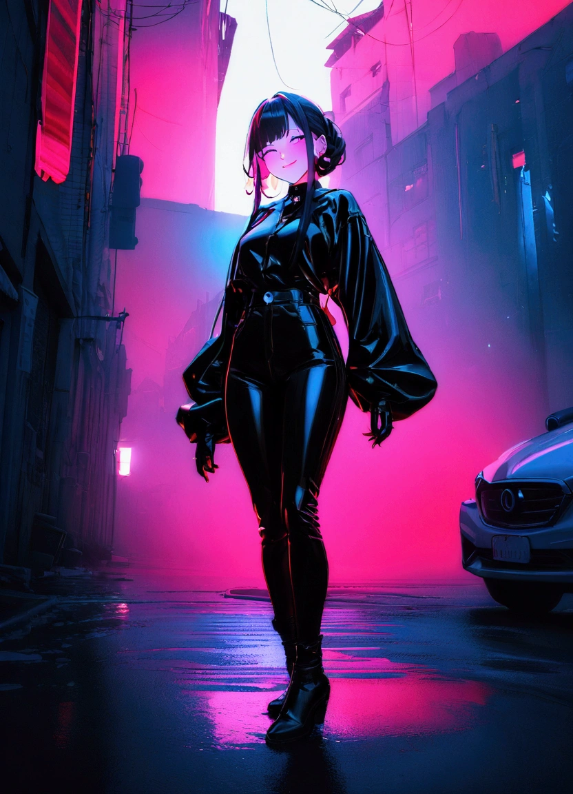 (8k, RAW Photos, highest quality, masterpiece: 1.2), beautyfull woman 30 years old, cyberpunk, animation, fantastic and mysterious background, high saturation, high contrast, smiling face, full body shot