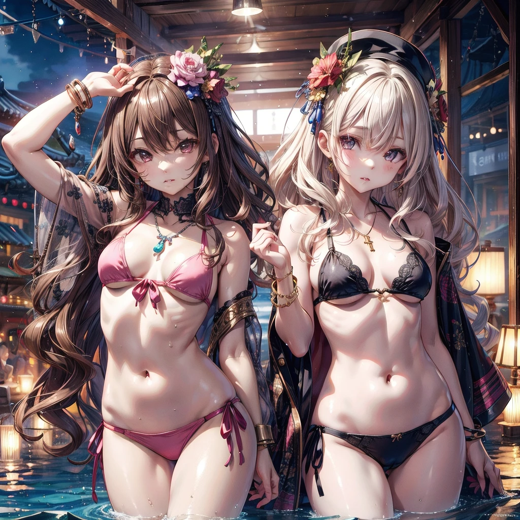 Canon RF85mmf/1.2、masterpiece、Highest quality、Ultra-high resolution、VC、1 girl、(Korean mixed race、K-POPアイドル:1.2)、One person、white_Shiny skin、iris、necklace、((long wavy brown hair))、((Shiny pink lips))、eyelash、A few、Compensate、Shiny、pores、Skin Texture、bracelet、Center of chest、whiteいニットセーター、Waist-down angle、Black lace bikini