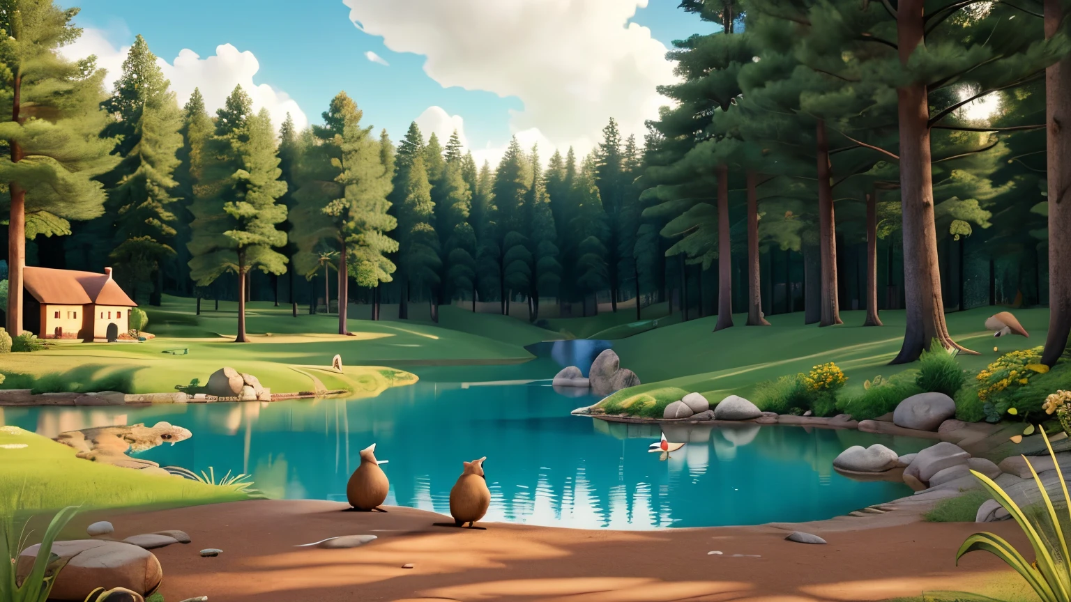 image of forest lake with squirrel and bird in the background