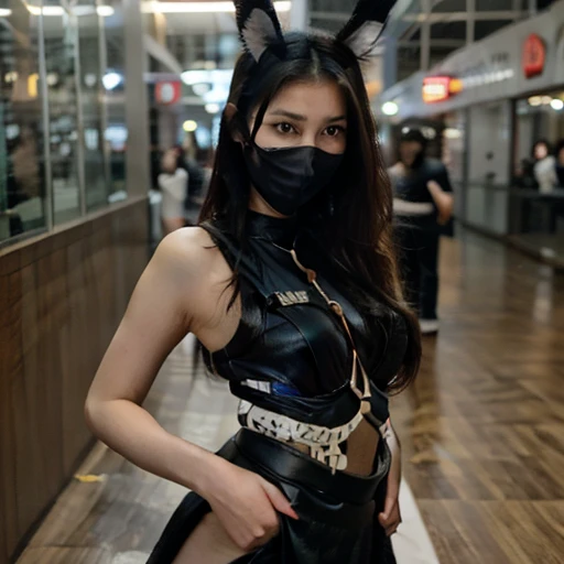 Very beautiful Hong kong female at anime con 2024 wearing fishnet stocking up to the waistand very short black skirt where you can see the whole butt to the waist and a thin small tight blue fishnet crop top showing under boob , wearing fake bunny ears and a black mask,white slimy liwuid on her face and hair , sweating super hard , large breast, show full body