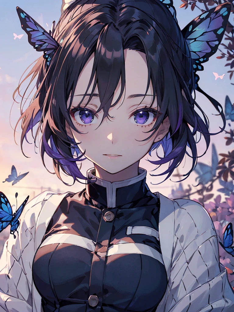 top-quality、 [3D Images:1.15],hight resolution、Best Quality, High resolution, front-facing view、1girl in, 、Beautiful face、shinobu、solo、ighly detailed、Best intricate and detailed quality，very vey very detailed face，A sexy，Very detailed eyes，kochou shinobu，O cabelo multicolorido，No bangs，Hair intake，Purple Eye，haori，butterflys，absolute reference to center，Beautiful sky，Saber on the waist、clavicle、Uniform without sleeves、Cowboy Shot, neon