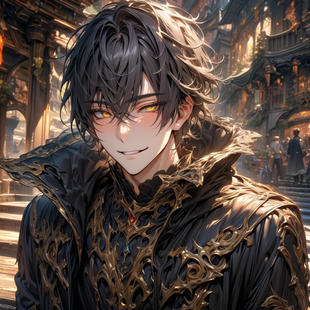 ultra detailed, high resolution, HDR, artwork, black hair, expressive yellow eyes, black coat, man, alone, best quality, handsome smile, tight black shirt