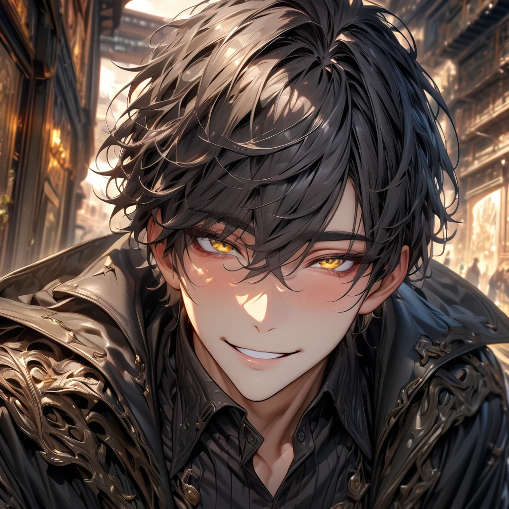 ultra detailed, high resolution, HDR, artwork, black hair, expressive yellow eyes, black coat, man, alone, best quality, handsome smile, tight black shirt