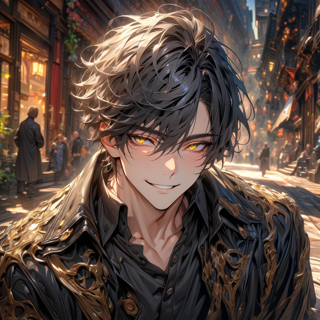 ultra detailed, high resolution, HDR, artwork, black hair, expressive yellow eyes, black coat, man, alone, best quality, handsome smile, tight black shirt