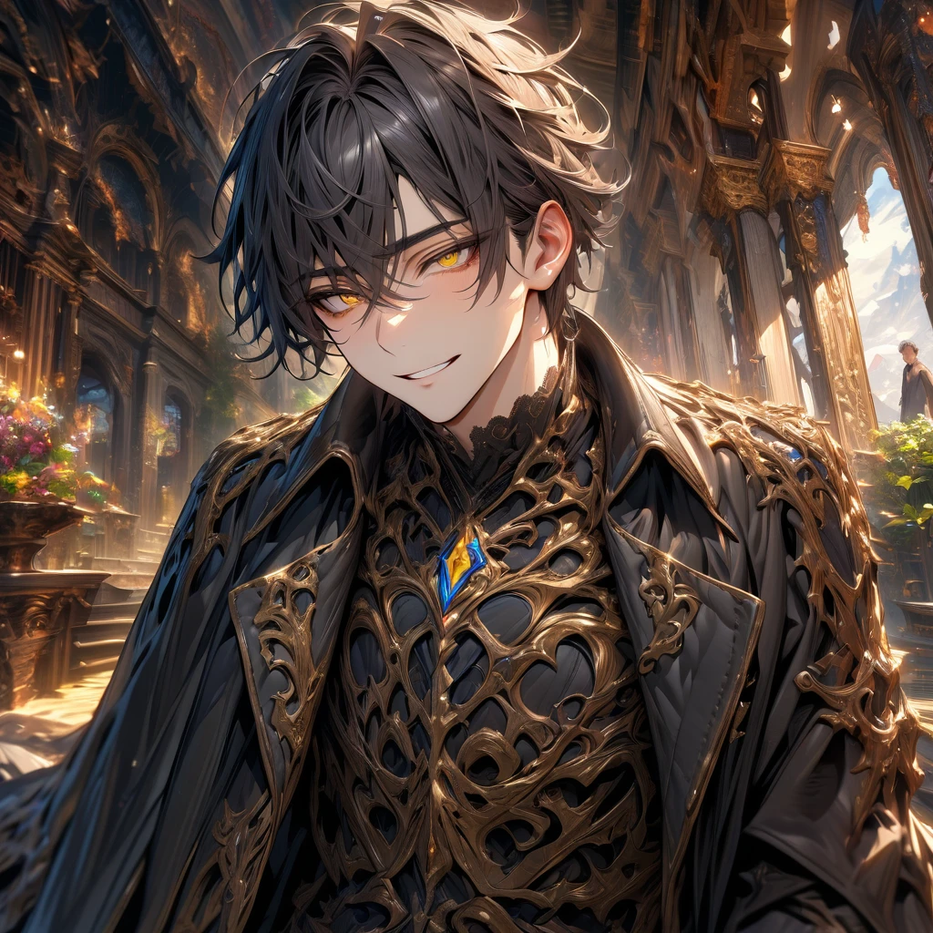 ultra detailed, high resolution, HDR, artwork, black hair, expressive yellow eyes, black coat, man, alone, best quality, handsome smile, tight black shirt