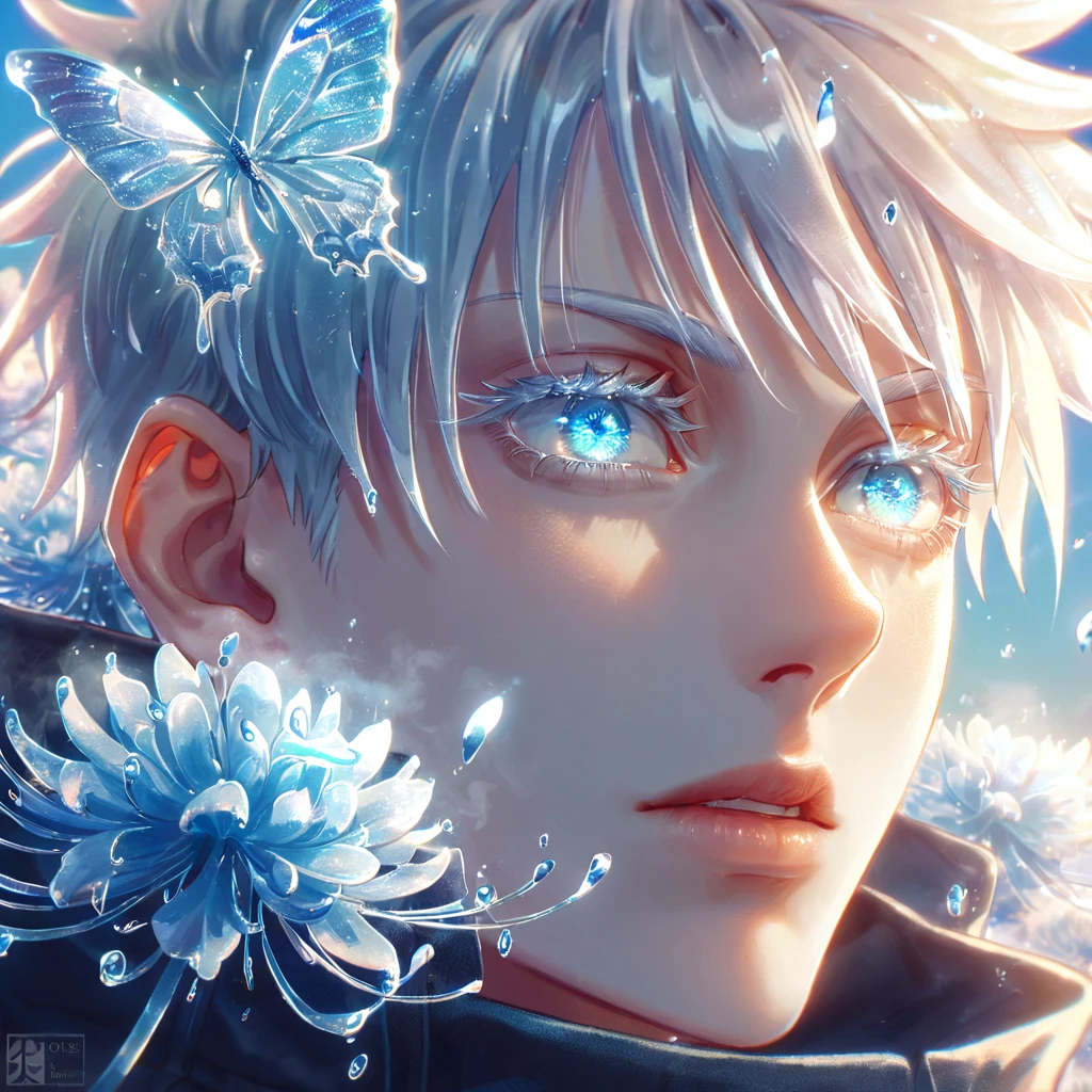 absurd resolution, high resolution, ultra detailed, detailed eyes, extremely detailed, HDR, 8K, Gojou Satoru, white hair, expressive blue eyes, white eyelashes, Jujutsu Kaisen, black coat, fantasy, cool, magical, blue glittering butterflies, blue dust flying around, blue spider lilies, blue petals, blue lanterns, icy, cold, blue blossoms, blue sky