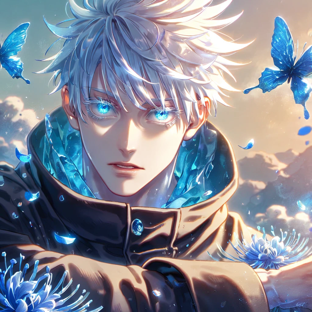 absurd resolution, high resolution, ultra detailed, detailed eyes, extremely detailed, HDR, 8K, Gojou Satoru, white hair, expressive blue eyes, white eyelashes, Jujutsu Kaisen, black coat, fantasy, cool, magical, blue glittering butterflies, blue dust flying around, blue spider lilies, blue petals, blue lanterns, icy, cold, blue blossoms, blue sky