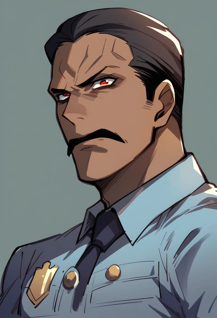 Anime Male experient Police Comissary, black skinned, 37 year old, bold and justice focused, stern and serious., black moustache