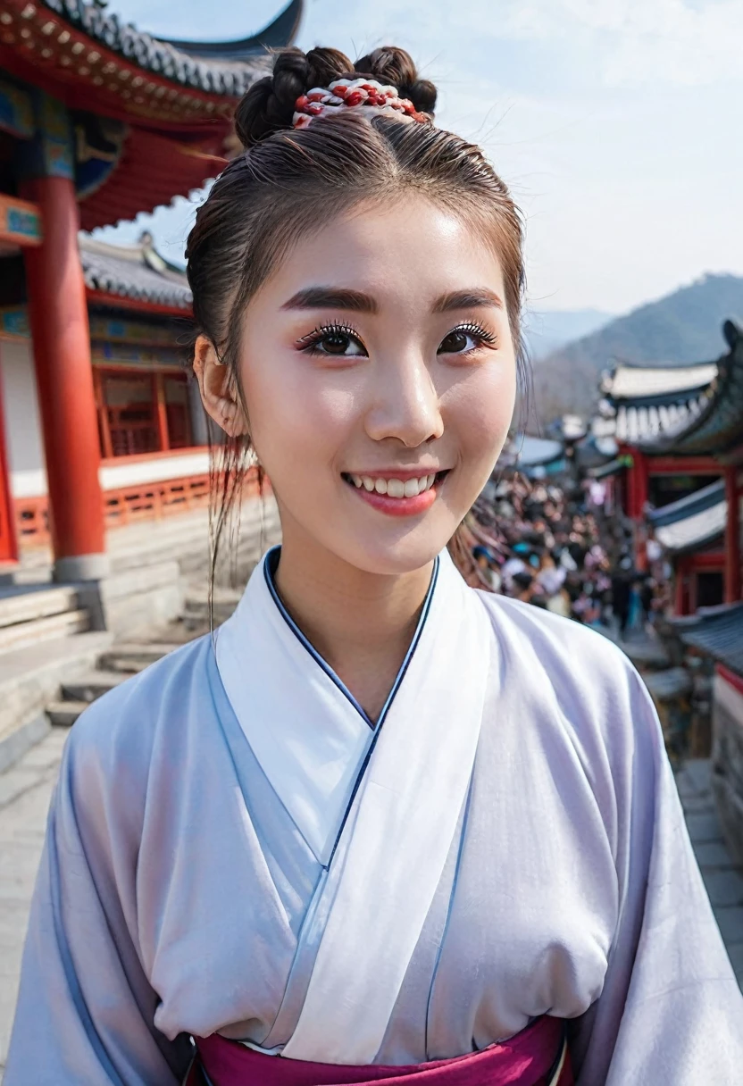 K-Pop-Idee: 1.2, Mix4, 1 Korean Girl, 14years old, (light eyebrows: 1.4), Shiny brown eyes, bun head, two braids tied, old Town, Chinese Temple, High mountain, beautiful detailed sky, Street (crowd:1.2), natta, (Nose blushing), Hanfu, Happy, smile, ((naked)), ((vagina hairy beautiful)), xxx 