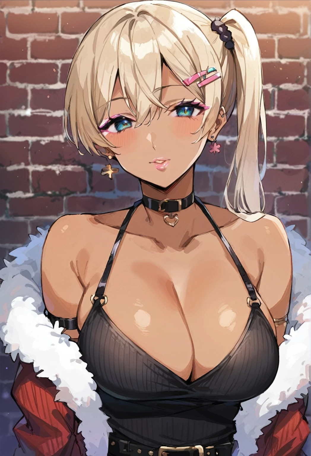 Score_9, score_8_up, score_7_up, score_6_up, gyaru, source_anime, 1girl, solo, white background, brick wall backdrop, upper body, looking at viewer, BREAK, earrings, BREAK, thin pink lips, tanned skin, pink makeup, ribbed sweater, fur trim, bare shoulders, off shoulder, white choker, hairclip, ubel,long hair,side ponytail,hair between eyes,bangs,black choker,bare shoulders,cleavage,halterneck,black dress,sleeveless,arm strap,single glove,belt,black skirt,buckle,black belt,thigh strap,knee boots,black footwear