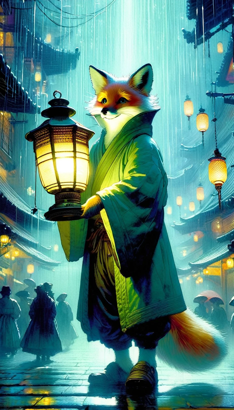 (((Masterpiece))), ((top quality)), ray tracing, super detailed, high resolution, 8k, UHD, wallpaper, elaborate features, highly detailed, highly detailed face, highly detailed eyes, perfect hands, (beautiful), (vivid colors)), (intricate:1.3),illustration,mist, Fox tentacle women, kawaii, beautiful, cool, unknown planet, close up, darkness, dark night,mist,(Rembrandt Lighting:1.3) holding lantern, bioluminescence, translucent body, uncharted planet Edo period, classic cityscape, strange land, anxiety and anticipation, scurrying around, fun, beautiful wilderness, walk, Dynamic angle, dynamic pose, sharp focus, close up, strong wind, from below, rain, cat, shy smile, kawaii,Artistic, memorable masterpieces, moments in history, ,kawaiitech, pastel colors, kawaii, pretty colors, Watercolor:1.3, Delicate, Detail, Masterpiece,(simple oil painting in the style of Bill Sienkiewicz)