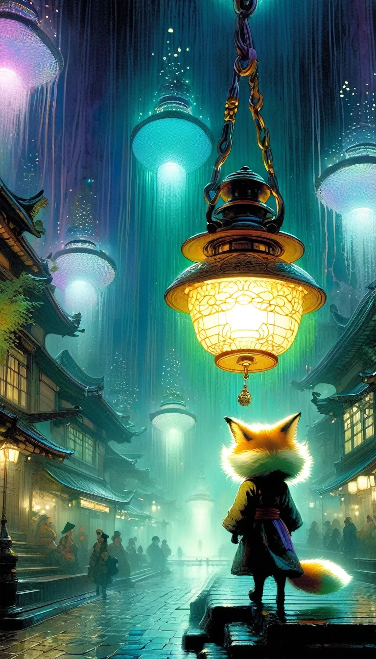 (((Masterpiece))), ((top quality)), ray tracing, super detailed, high resolution, 8k, UHD, wallpaper, elaborate features, highly detailed, highly detailed face, highly detailed eyes, perfect hands, (beautiful), (vivid colors)), (intricate:1.3),illustration,mist, Fox tentacle women, kawaii, beautiful, cool, unknown planet, close up, darkness, dark night,mist,(Rembrandt Lighting:1.3) holding lantern, bioluminescence, translucent body, uncharted planet Edo period, classic cityscape, strange land, anxiety and anticipation, scurrying around, fun, beautiful wilderness, walk, Dynamic angle, dynamic pose, sharp focus, close up, strong wind, from below, rain, cat, shy smile, kawaii,Artistic, memorable masterpieces, moments in history, ,kawaiitech, pastel colors, kawaii, pretty colors, Watercolor:1.3, Delicate, Detail, Masterpiece,(simple oil painting in the style of Bill Sienkiewicz)