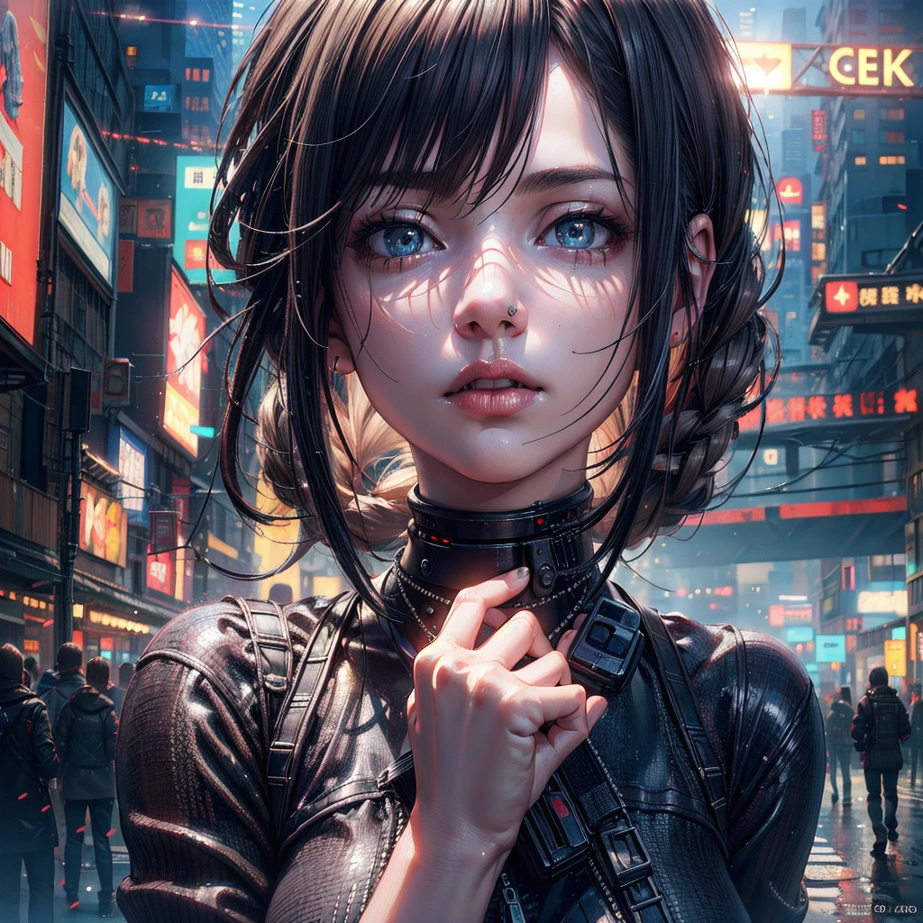 (8k, RAW Photos, Highest quality, masterpiece:1.3),(Realistic,photo-Realistic:1.37),(View your viewers:1.331),Cyberpunk City,Soft Light,One girl,Very beautiful face,bust,Put your hands down,Random Hairstyles,Random representation,Big eyes,