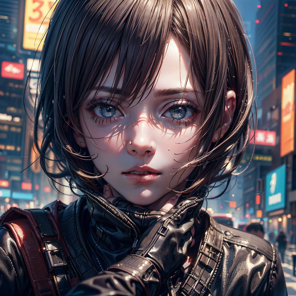 (8k, RAW Photos, Highest quality, masterpiece:1.3),(Realistic,photo-Realistic:1.37),(View your viewers:1.331),Cyberpunk City,Soft Light,One girl,Very beautiful face,bust,Put your hands down,Random Hairstyles,Random representation,Big eyes,