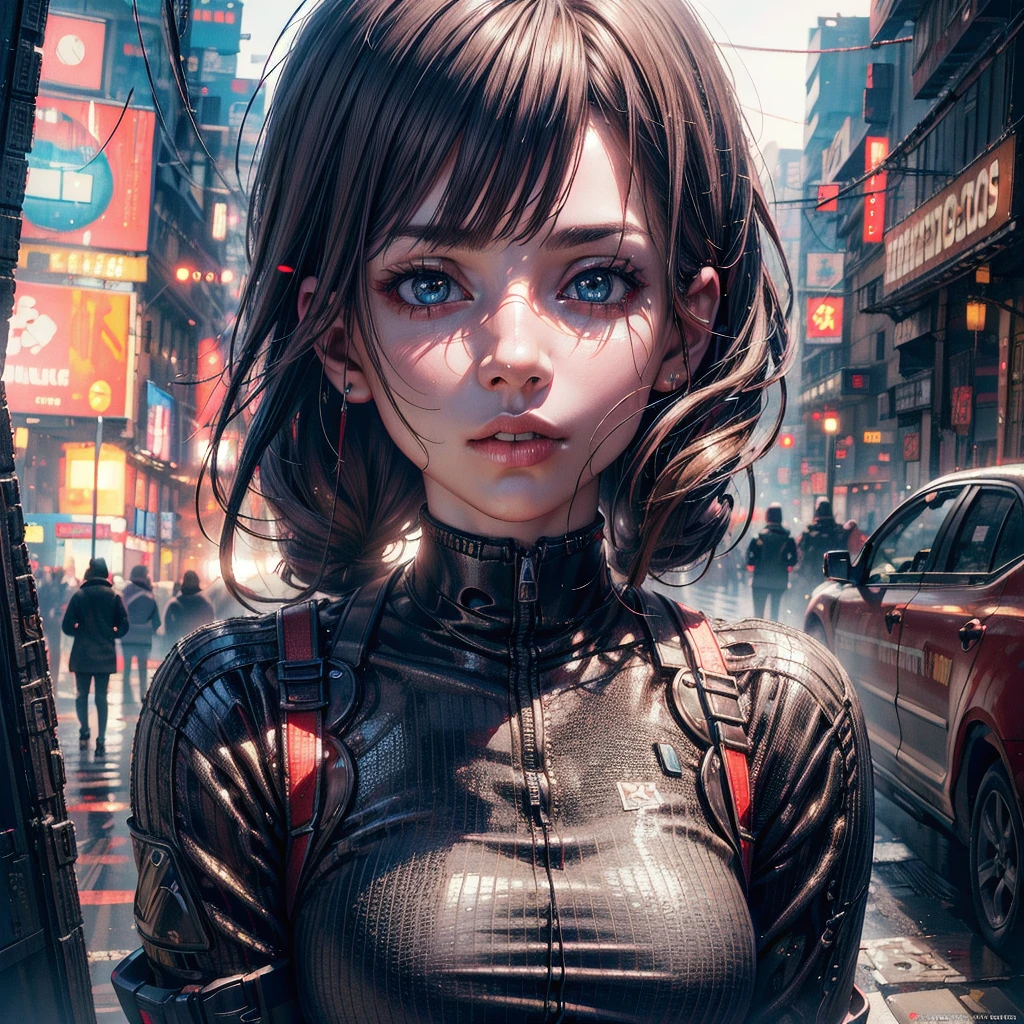 (8k, RAW Photos, Highest quality, masterpiece:1.3),(Realistic,photo-Realistic:1.37),(View your viewers:1.331),Cyberpunk City,Soft Light,One girl,Very beautiful face,bust,Put your hands down,Random Hairstyles,Random representation,Big eyes,