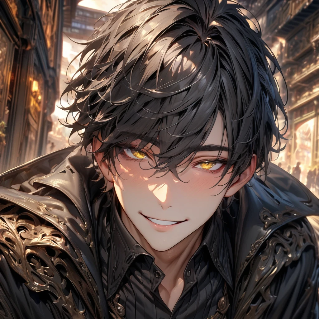 ultra detailed, high resolution, HDR, artwork, black hair, expressive yellow eyes, black coat, man, alone, best quality, handsome smile, tight black shirt