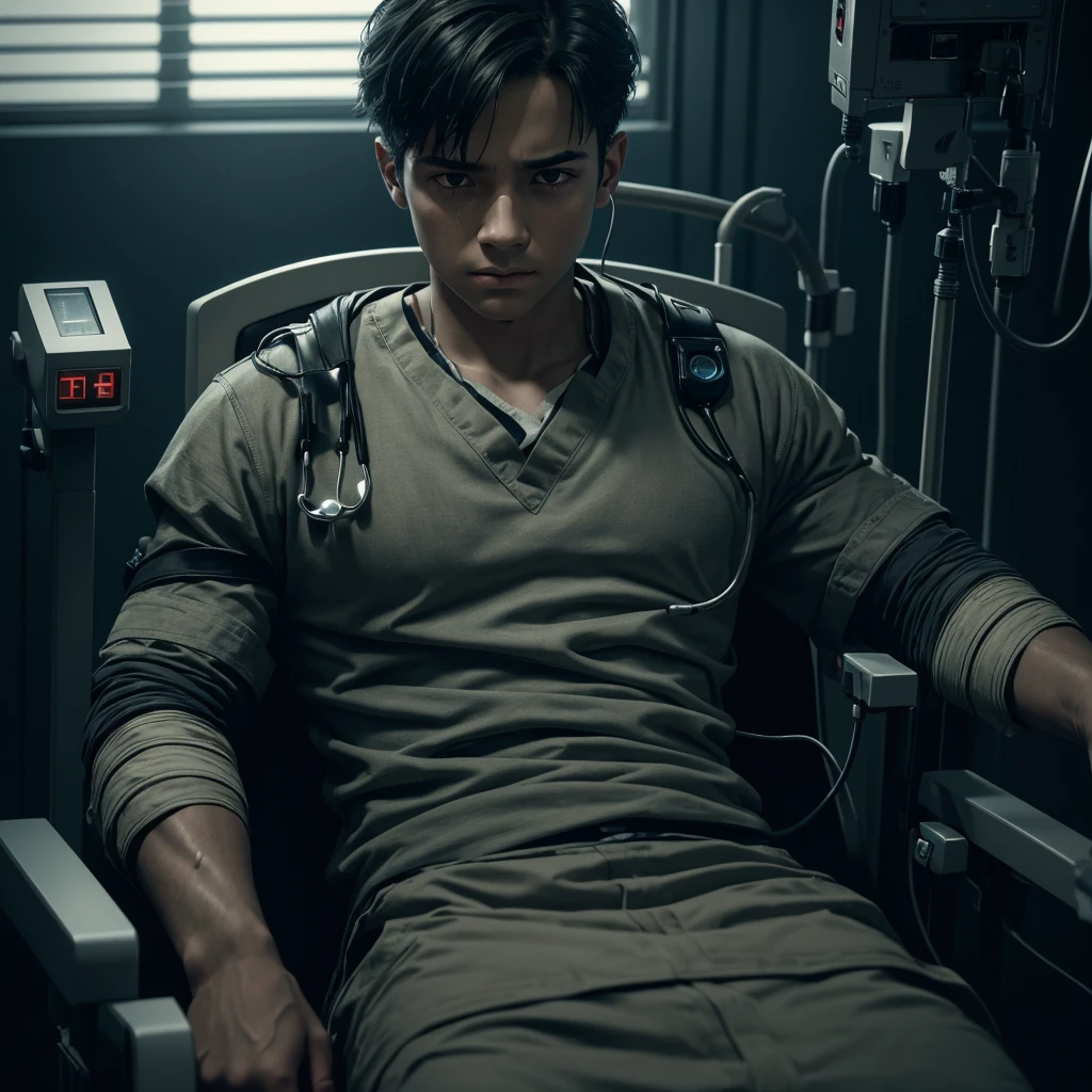 a boy sitting in a chair getting dialysis treatment, suffering in pain, realistic, hyper detailed, cinematic lighting, dramatic composition, muted color palette, high contrast, photorealistic, (best quality,8k,highres,masterpiece:1.2),extremely detailed face and eyes,intricate details,cinematic atmosphere,dramatic shadows,emotive expression,medical equipment,hospital setting