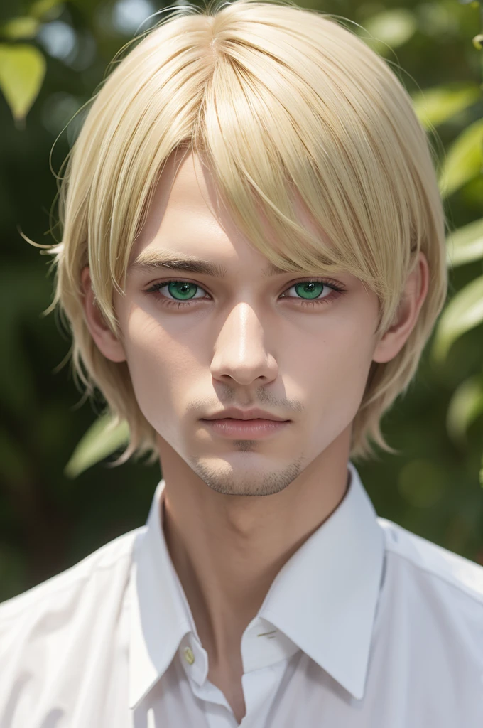 Create a green-eyed blonde man with bangs 