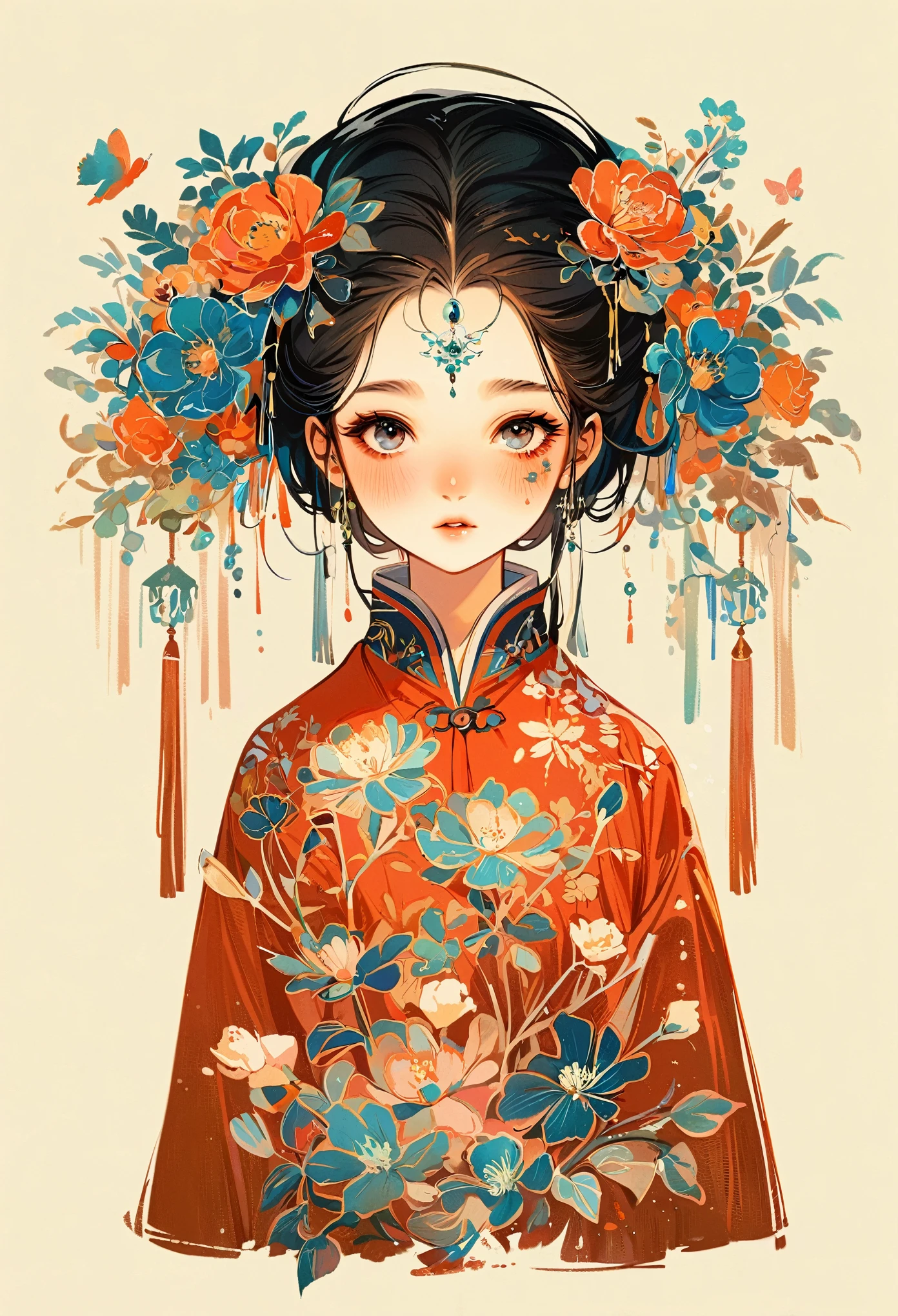 1 sister, Solitary, looking at the audience, Blushed, background, black hair color, Hair accessories, Long sleeve, White background, eternal, Full body female, Flowers in bloom, purple, Flowering, OK, Butterfly, masterpiece, Recent quality, The best details, Clear facial features, beautiful eyes