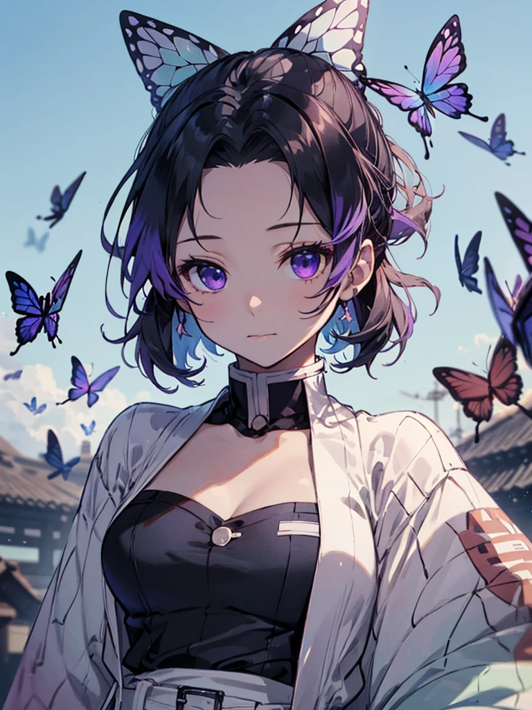 top-quality、 [3D Images:1.15],hight resolution、Best Quality, High resolution, front-facing view、1girl in, 、Beautiful face、shinobu、solo、ighly detailed、Best intricate and detailed quality，very vey very detailed face，A sexy，Very detailed eyes，kochou shinobu，O cabelo multicolorido，No bangs，Hair intake，Purple Eye，haori，butterflys，absolute reference to center，Beautiful sky，Saber on the waist、clavicle、Uniform without sleeves、Cowboy Shot, neon