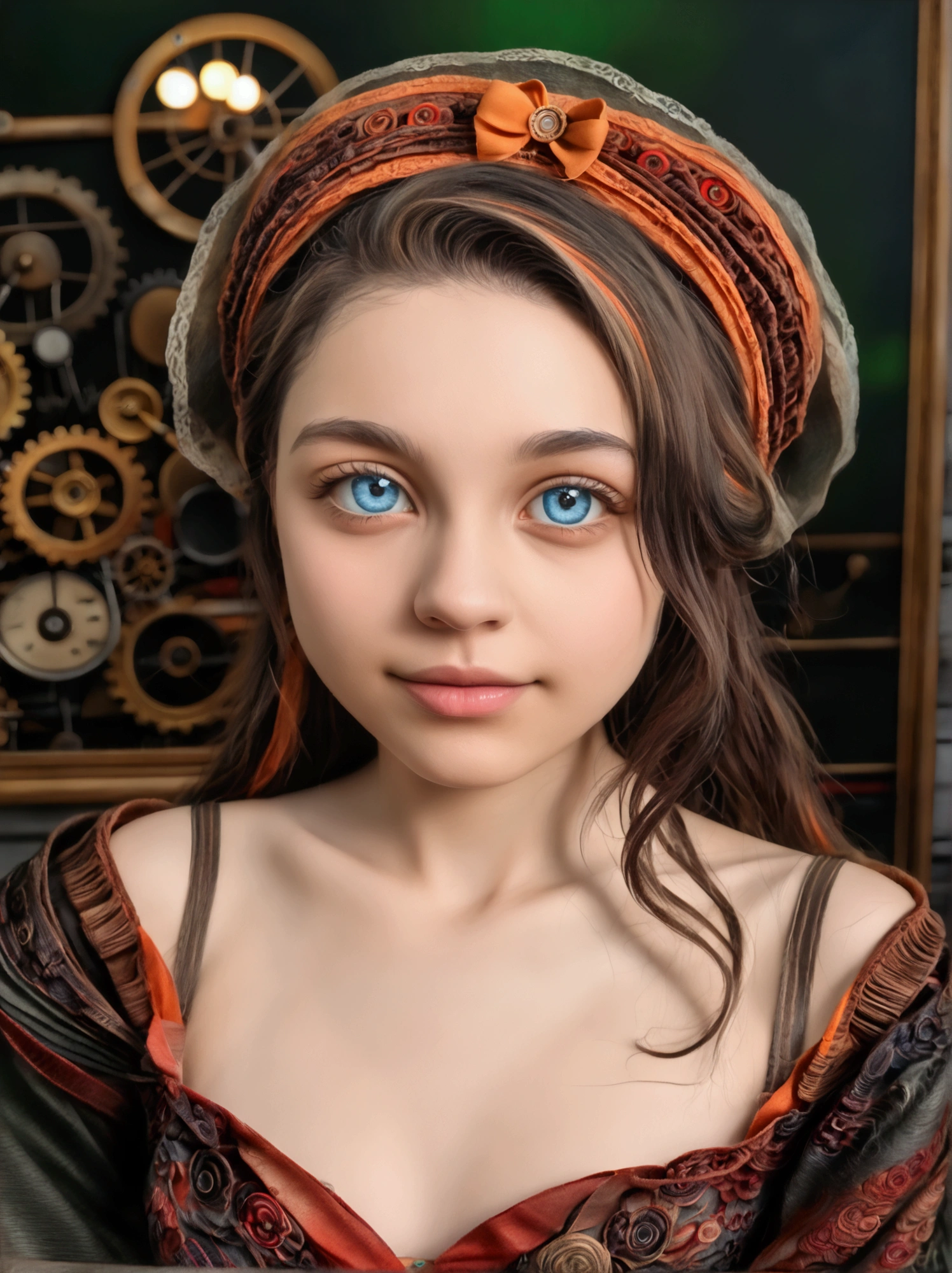 Charlie Bowater's realist lithography sketch portrait of a women, flores, [gears], pipeline, dieselpunk, multicolored ribbons, old paper texture, Very detailed. (Best Quality, 4k, 8k, High resolution, masterpiece:1.2), ultra detailed, (realist, photorealist, photo-realist:1.37), lithography portrait, women, Detailed eyes and lips, beautiful face, moda vintage, elegant pose, vibrant flores, intricate gears, steampunk-inspired pipeline, aged paper texture, Very detailed linework and shading, rich contrast, atmospheric lighting, muted color palette.