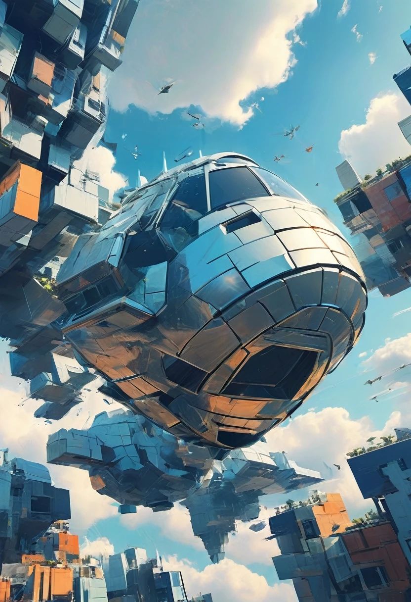 "Visualize a cubist interpretation of a turtle, floating through the sky above a lively and dynamic street. Decompose the shape of the deer head into geometric shapes and fragmented planes, To capture its movement and energy in a unique and abstract way. Integrate strong grey, blue and white colors and sharp angles, to convey a feeling of movement and tension. Play with perspective and layering, to create a multidimensional composition, which questions traditional notions of space and form. Be inspired by the avant-garde spirit of Cubism and see nature in a fresh and innovative light.. Unleash your creativity, as you bring this imaginative scene to life on the screen