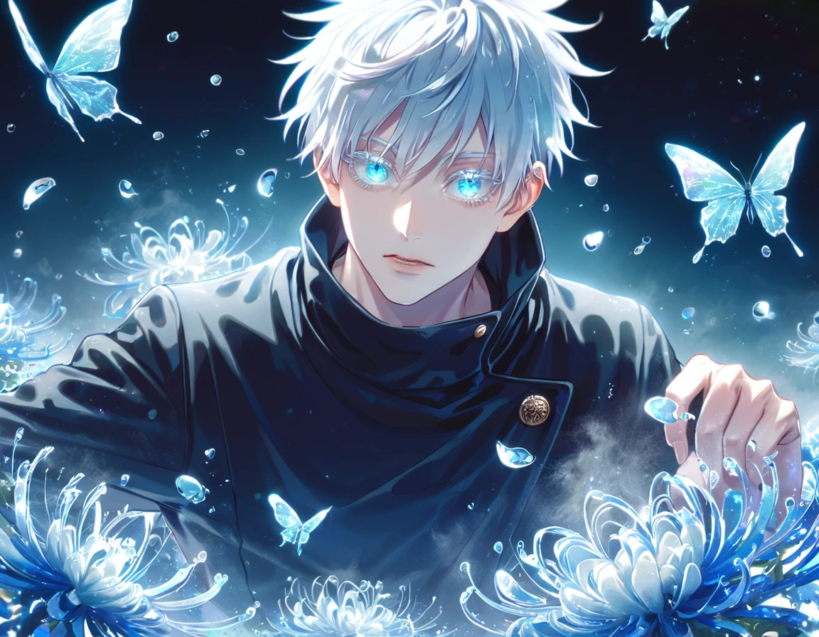 absurd resolution, high resolution, ultra detailed, detailed eyes, extremely detailed, HDR, 8K, Gojou Satoru, white hair, expressive blue eyes, white eyelashes, Jujutsu Kaisen, black coat, fantasy, cool, magical, blue glittering butterflies, blue dust flying around, blue spider lilies, blue petals, blue lanterns, icy, cold, blue blossoms, blue sky