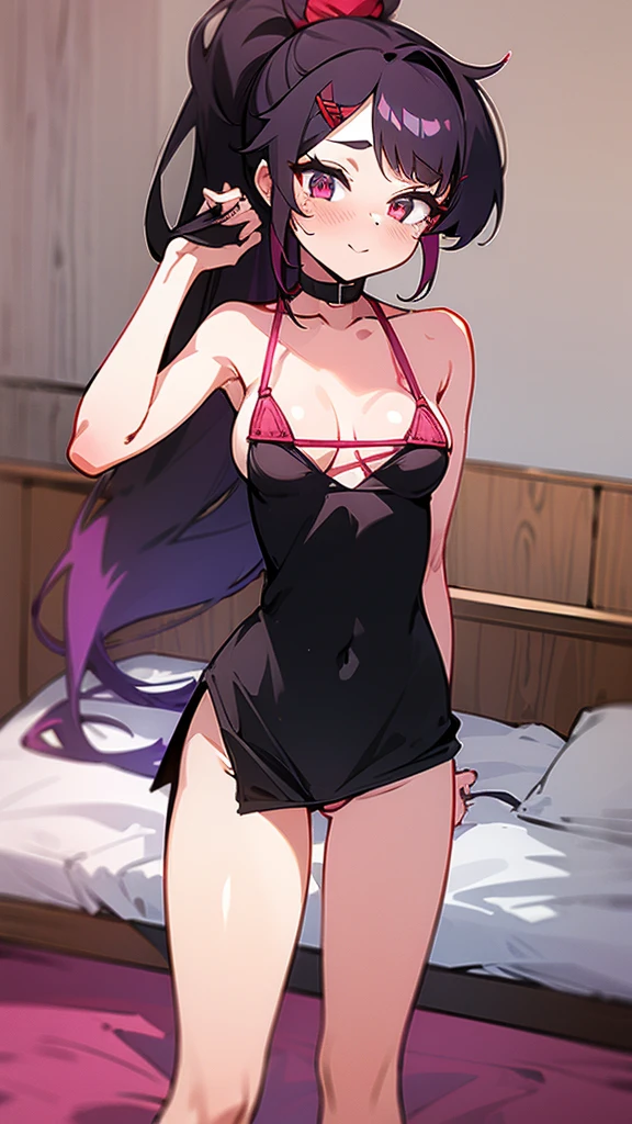 High tail hairstyle, Ponytail hairstyle, Long wavy black hair, standing posing, anime girl style, pixel art anime style,penetrating look with deep eyes,red and purple eyes, hair with a ponytail hairstyle trapped with a big red bun, women, red hair clips, x color shaped hair clips , smiling face blush, next to his bed, lingerie, tank top, Black hair, big thighs, body 