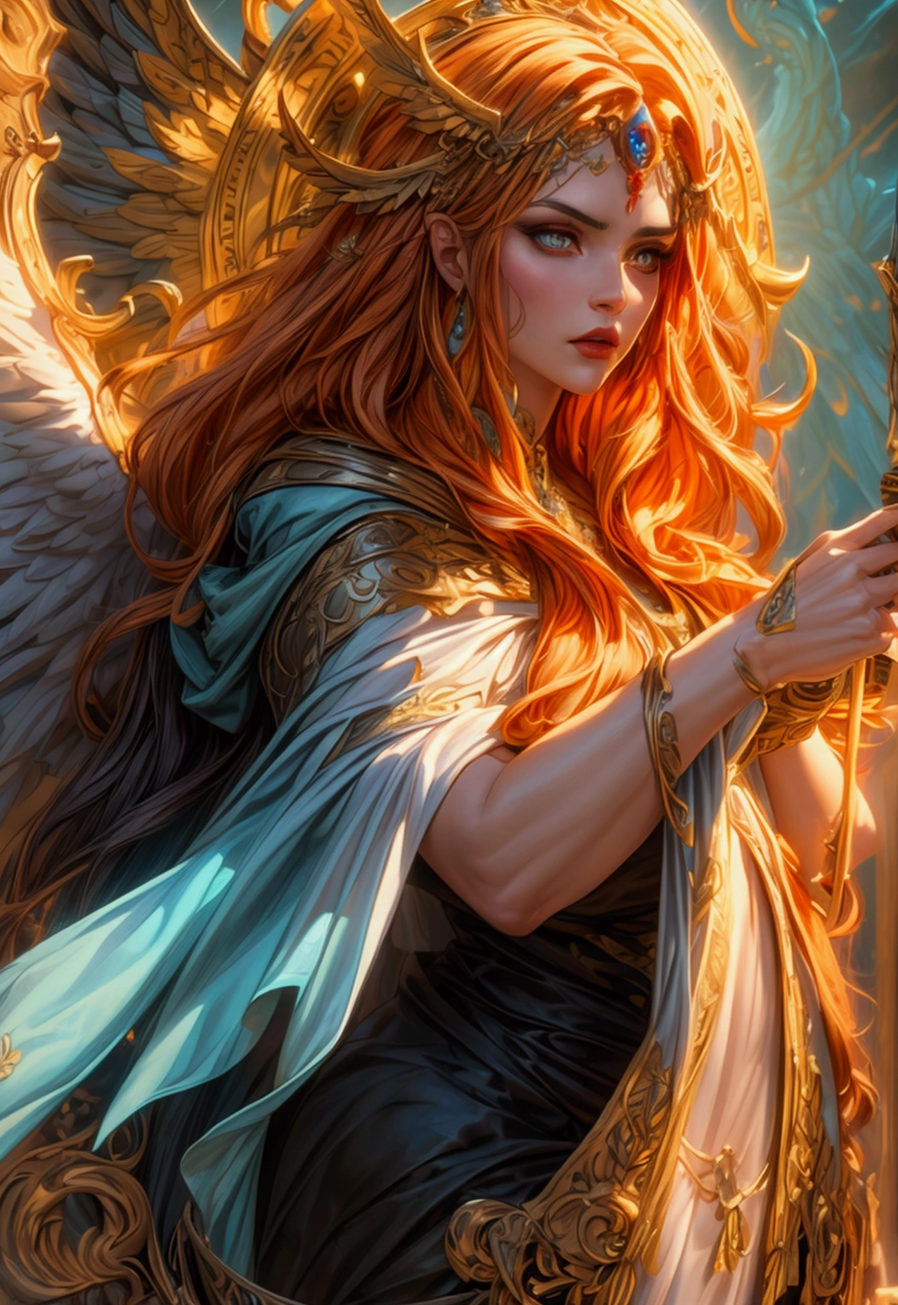 arafed high details, best quality, 16k, (ultra detailed: 1.5), masterpiece, best quality, (extremely detailed), dynamic angle, ultra wide shot, photorealistim, RAW, fantasy art, dnd art, fantasy art, realistic art, a wide angle picture of a female aasimar sorceress casting a fire spell, full body  (intense details, Masterpiece, best quality), D&D aasimar, exremley beautiful female aasimar, orange hair, long hair, wavy hair, dynamic eyes color, angelic eyes, radiant magical eyes, ultra detailed face (intense details, Masterpiece, best quality), spread angelic wings, white angelic wings (intense details, Masterpiece, best quality),  wearing [black] robe, wearing blue cloak, long cloak, flowing cloak with fire motifs (intense details, Masterpiece, best quality), armed with magical staff (intense details, Masterpiece, best quality), manipulating fire magical energy (intense details, Masterpiece, best quality), controlling lightning, dark fantasy magical tower background, evil temple background (intense details, Masterpiece, best quality), Cinematic Hollywood Film, FireMagicAI, Intense gaze