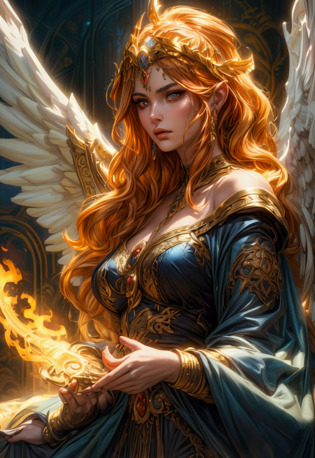 arafed high details, best quality, 16k, (ultra detailed: 1.5), masterpiece, best quality, (extremely detailed), dynamic angle, ultra wide shot, photorealistim, RAW, fantasy art, dnd art, fantasy art, realistic art, a wide angle picture of a female aasimar sorceress casting a fire spell, full body  (intense details, Masterpiece, best quality), D&D aasimar, exremley beautiful female aasimar, orange hair, long hair, wavy hair, dynamic eyes color, angelic eyes, radiant magical eyes, ultra detailed face (intense details, Masterpiece, best quality), spread angelic wings, white angelic wings (intense details, Masterpiece, best quality),  wearing [black] robe, wearing blue cloak, long cloak, flowing cloak with fire motifs (intense details, Masterpiece, best quality), armed with magical staff (intense details, Masterpiece, best quality), manipulating fire magical energy (intense details, Masterpiece, best quality), controlling lightning, dark fantasy magical tower background, evil temple background (intense details, Masterpiece, best quality), Cinematic Hollywood Film, FireMagicAI, Intense gaze
