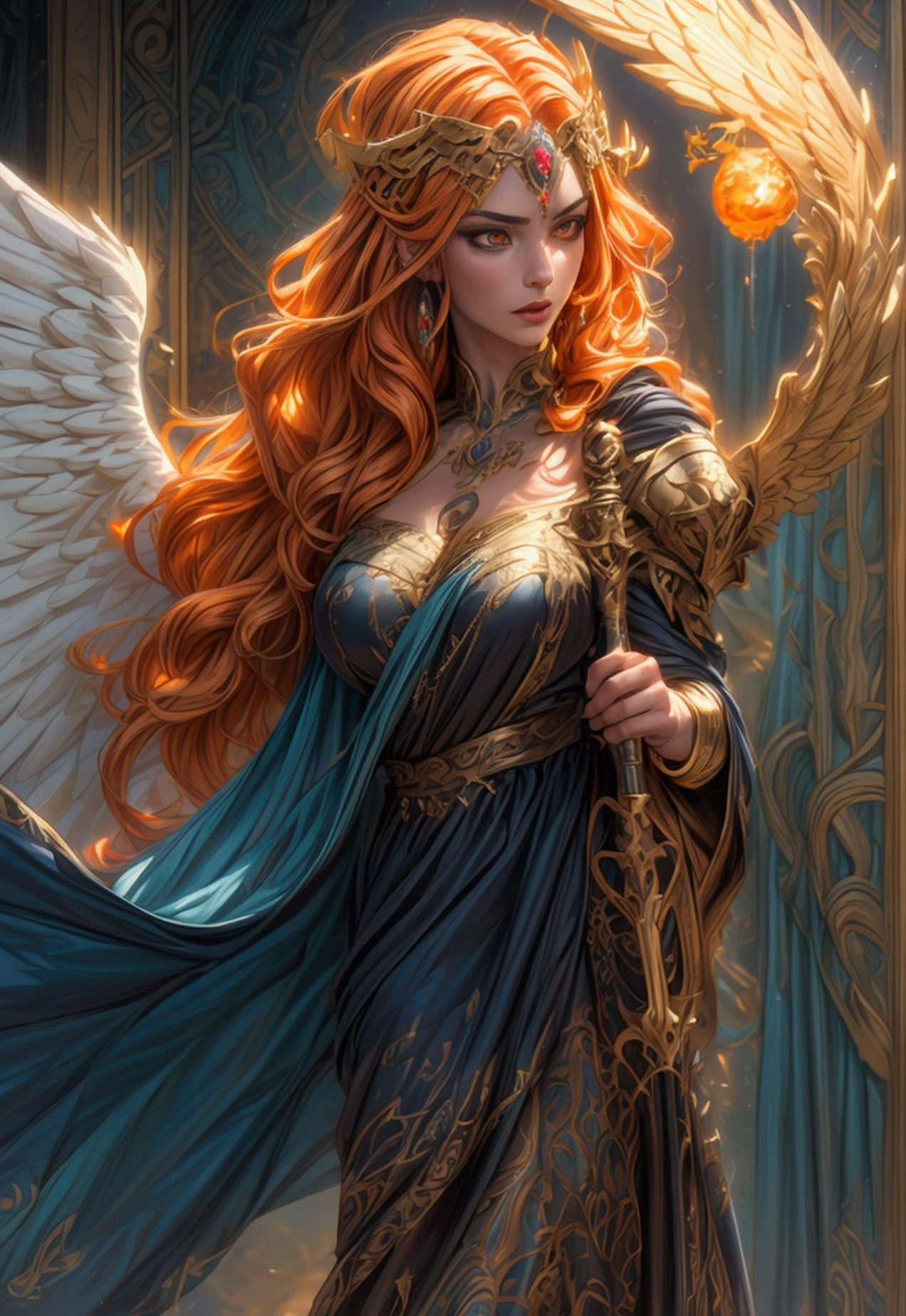 arafed high details, best quality, 16k, (ultra detailed: 1.5), masterpiece, best quality, (extremely detailed), dynamic angle, ultra wide shot, photorealistim, RAW, fantasy art, dnd art, fantasy art, realistic art, a wide angle picture of a female aasimar sorceress casting a fire spell, full body  (intense details, Masterpiece, best quality), D&D aasimar, exremley beautiful female aasimar, orange hair, long hair, wavy hair, dynamic eyes color, angelic eyes, radiant magical eyes, ultra detailed face (intense details, Masterpiece, best quality), spread angelic wings, white angelic wings (intense details, Masterpiece, best quality),  wearing [black] robe, wearing blue cloak, long cloak, flowing cloak with fire motifs (intense details, Masterpiece, best quality), armed with magical staff (intense details, Masterpiece, best quality), manipulating fire magical energy (intense details, Masterpiece, best quality), controlling lightning, dark fantasy magical tower background, evil temple background (intense details, Masterpiece, best quality), Cinematic Hollywood Film, FireMagicAI, Intense gaze