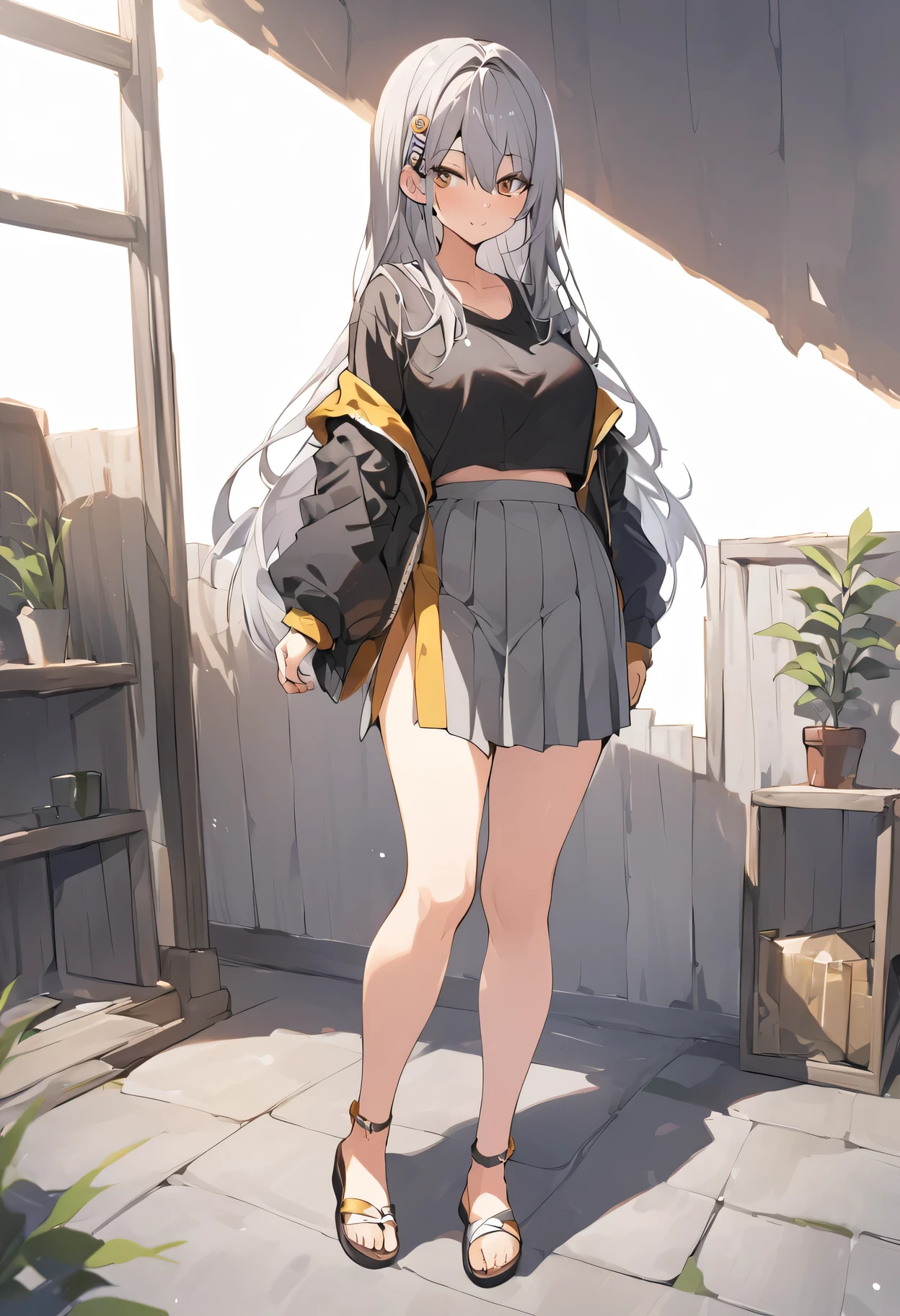 girl、As tall as a 、F Cup、Grey medium size skirt、Black tank top、Are thin、Large black jacket、whole body、Ocher Eyeedium length hair、Revealing clothing、Wearing sandals、Standing and posing、Grey Hair、Silver hairpins