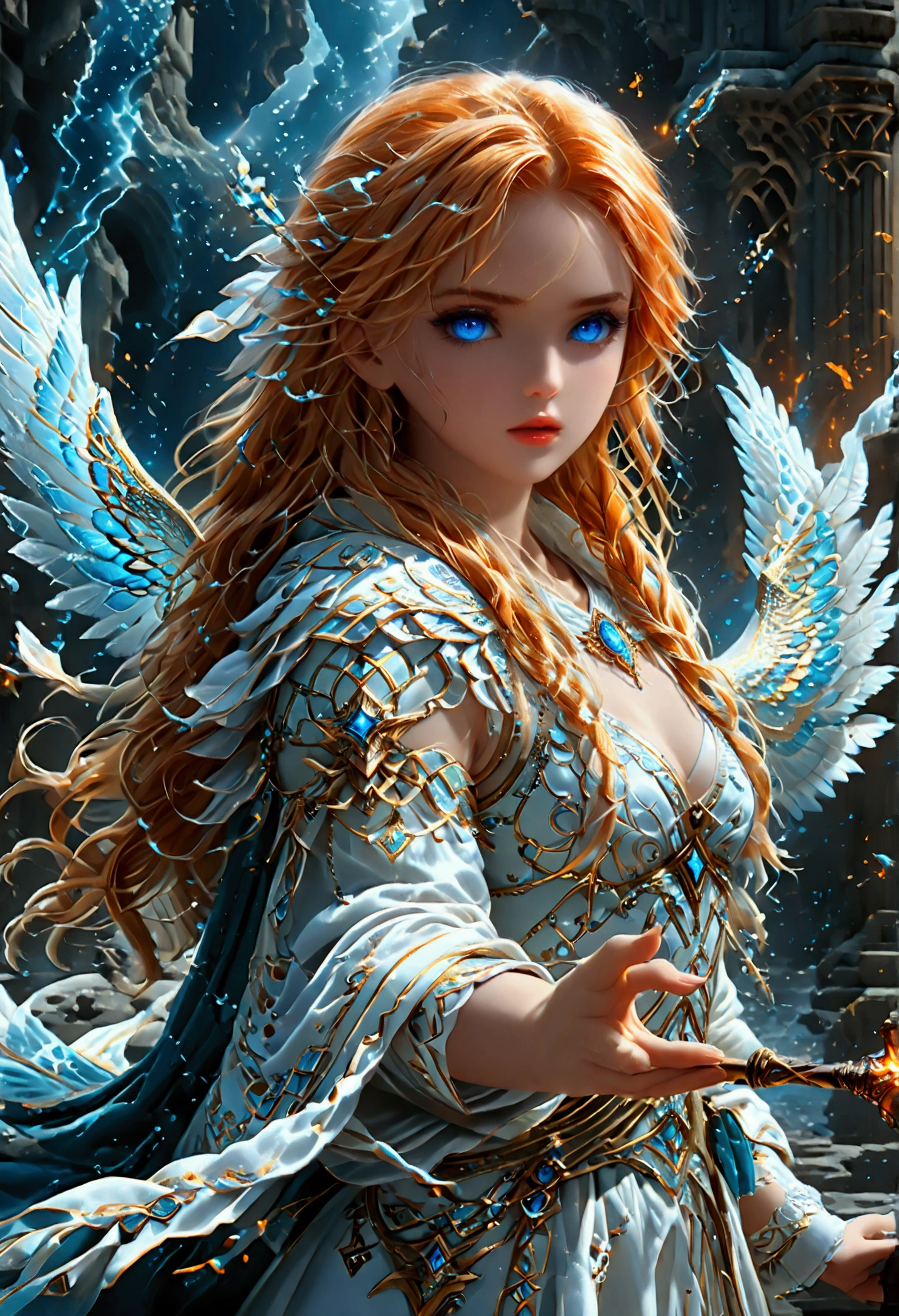 arafed high details, best quality, 16k, (ultra detailed: 1.5), masterpiece, best quality, (extremely detailed), dynamic angle, ultra wide shot, photorealistim, RAW, fantasy art, dnd art, fantasy art, realistic art, a wide angle picture of a female aasimar sorceress casting a ice spell, full body  (intense details, Masterpiece, best quality), D&D aasimar, exremley beautiful female aasimar, orange hair, long hair, wavy hair, dynamic eyes color, angelic eyes, radiant magical eyes, ultra detailed face (intense details, Masterpiece, best quality), spread angelic wings, white angelic wings (intense details, Masterpiece, best quality),  wearing [black] robe, wearing blue cloak, long cloak, flowing cloak with ice motifs (intense details, Masterpiece, best quality), armed with magical staff (intense details, Masterpiece, best quality), manipulating ice magical energy (intense details, Masterpiece, best quality), controlling lightning, dark fantasy magical tower background, evil temple background (intense details, Masterpiece, best quality), Cinematic Hollywood Film, Intense gaze