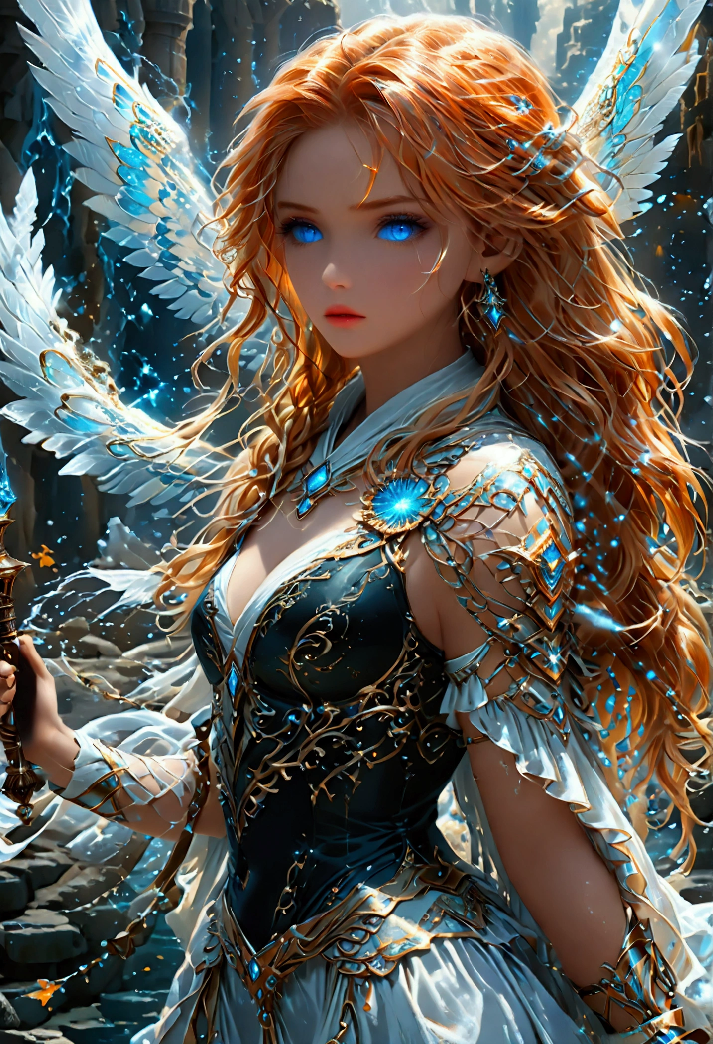 arafed high details, best quality, 16k, (ultra detailed: 1.5), masterpiece, best quality, (extremely detailed), dynamic angle, ultra wide shot, photorealistim, RAW, fantasy art, dnd art, fantasy art, realistic art, a wide angle picture of a female aasimar sorceress casting a ice spell, full body  (intense details, Masterpiece, best quality), D&D aasimar, exremley beautiful female aasimar, orange hair, long hair, wavy hair, dynamic eyes color, angelic eyes, radiant magical eyes, ultra detailed face (intense details, Masterpiece, best quality), spread angelic wings, white angelic wings (intense details, Masterpiece, best quality),  wearing [black] robe, wearing blue cloak, long cloak, flowing cloak with ice motifs (intense details, Masterpiece, best quality), armed with magical staff (intense details, Masterpiece, best quality), manipulating ice magical energy (intense details, Masterpiece, best quality), controlling lightning, dark fantasy magical tower background, evil temple background (intense details, Masterpiece, best quality), Cinematic Hollywood Film, Intense gaze