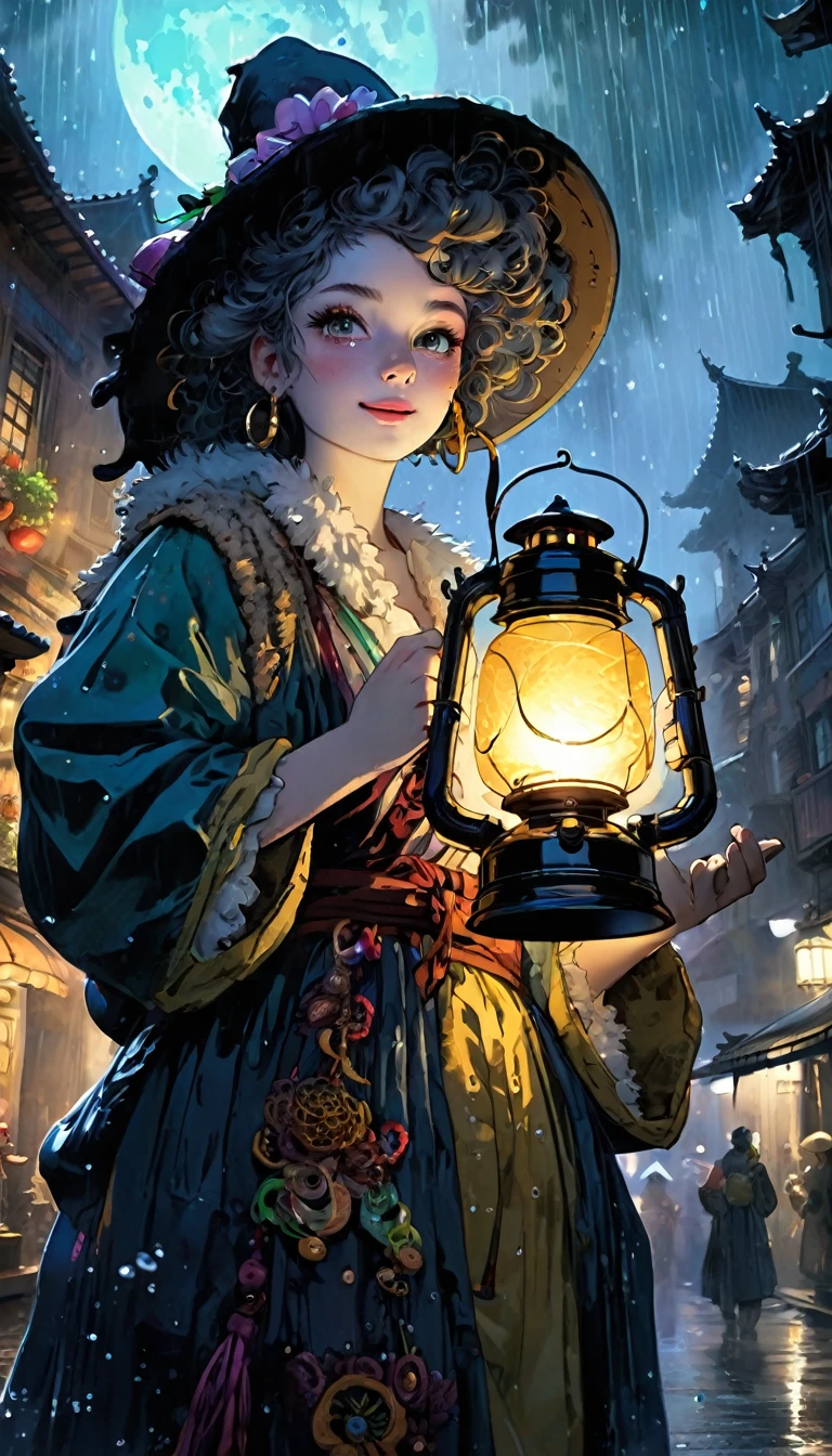 (((Masterpiece))), ((top quality)), ray tracing, super detailed, high resolution, 8k, UHD, wallpaper, elaborate features, highly detailed, highly detailed face, highly detailed eyes, perfect hands, (beautiful), (vivid colors)), (intricate:1.3),illustration,mist, Fox tentacle women, kawaii, beautiful, cool, unknown planet, close up, darkness, dark night,mist,(Rembrandt Lighting:1.3) holding lantern, bioluminescence, translucent body, uncharted planet Edo period, classic cityscape, strange land, anxiety and anticipation, scurrying around, fun, beautiful wilderness, walk, Dynamic angle, dynamic pose, sharp focus, close up, strong wind, from below, rain, cat, shy smile, kawaii,Artistic, memorable masterpieces, moments in history, ,kawaiitech, pastel colors, kawaii, pretty colors, Watercolor:1.3, Delicate, Detail, Masterpiece,(simple oil painting in the style of Bill Sienkiewicz)