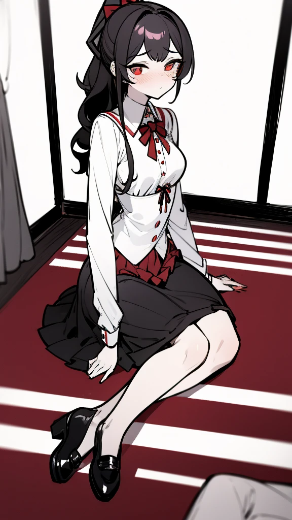 using pantimedies, wavy black hair, piercing look with deep red eyes, average stature, Silky hair with a ponytail hairstyle collected with a red bow with two white lines, with clothes, has a vagina, has breasts, cup of breasts, small breasts, slim, foreground, Session, sitting in her room, sitting on the floor of her room, wearing pantyhose, using pantimedies, Picardias, short skirt, shoes, blouse with straps, blush