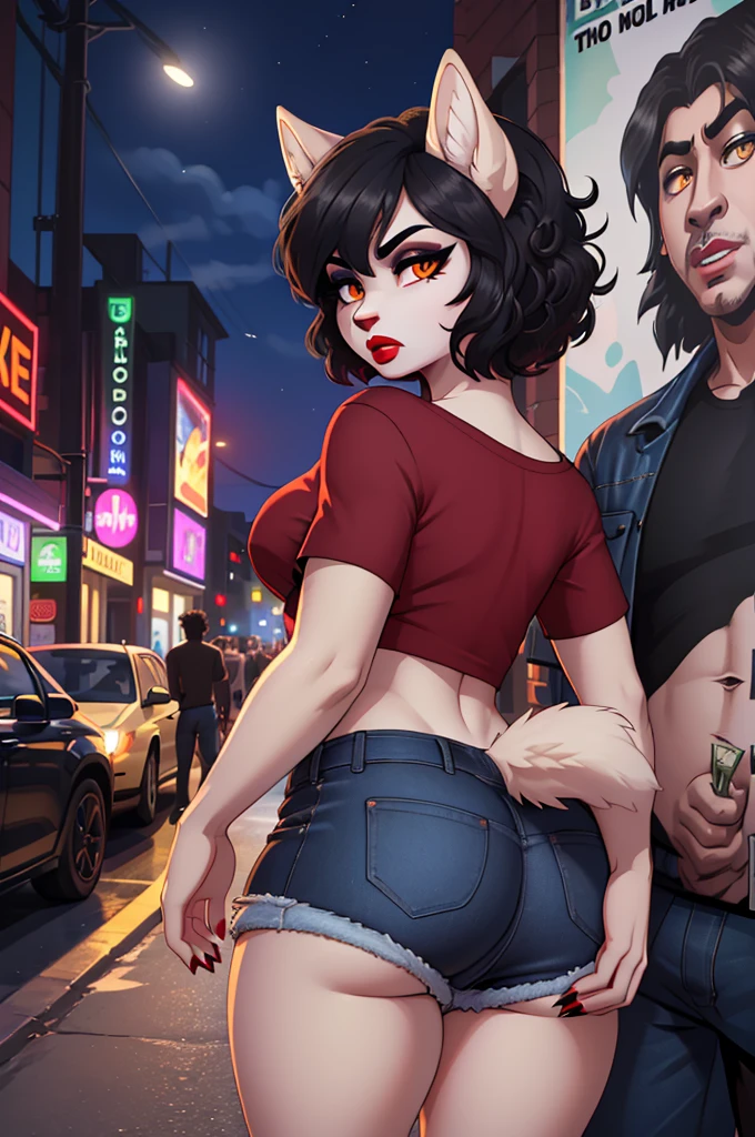 (masterpiece), (best quality), (high res) (solo), (perfect anatomy) (perfect face), wolf and sheep hybrid, (black hair), (black wool), (curly short hair), fair skin, ambiguous gender, (1boy1girl), flat chest, wide hips, thick thighs, (blue jean mini shorts), (prostitute), ((red tiny top)), yellow glowing in the dark eyes, angry, androgynous, (long eyebrows), ((deep red lipstick)), ((black eyeshadow)), sexy pose, in a street full of people, ((talking to someone inside a car)), ((grabbed by an taller unknown man from behind)), ((money in her hands)), ((((butt against a man crotch)))), (((porn parody poster)))