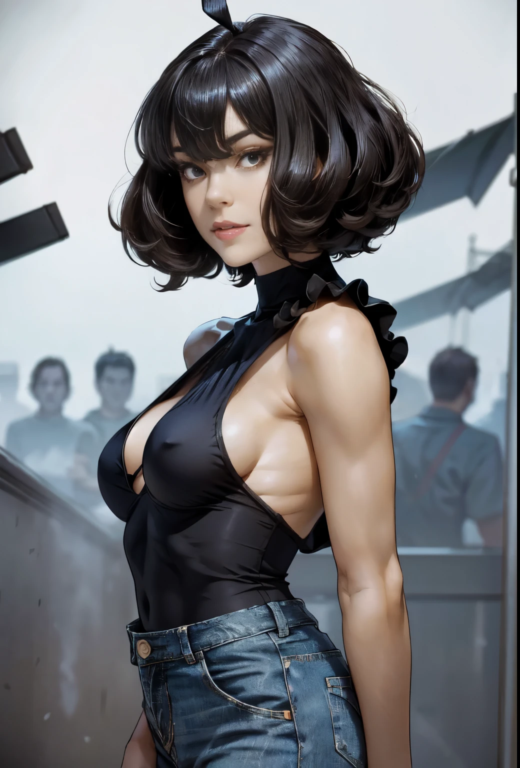 very young slim fit girl, full body shot, rounded face, very short disheveled dark blue hair, big yellow eyes, shy smile, perfect flat breast, band on head with fake cat ears, look at you, (ahoge:1.2), megane, sashagrey, a strand of hair from the bangs hangs between the eyes, accurate small snub nose, 16k, masterpiece, realistic style, perfect fingers, short denim microshorts with black pantyhose